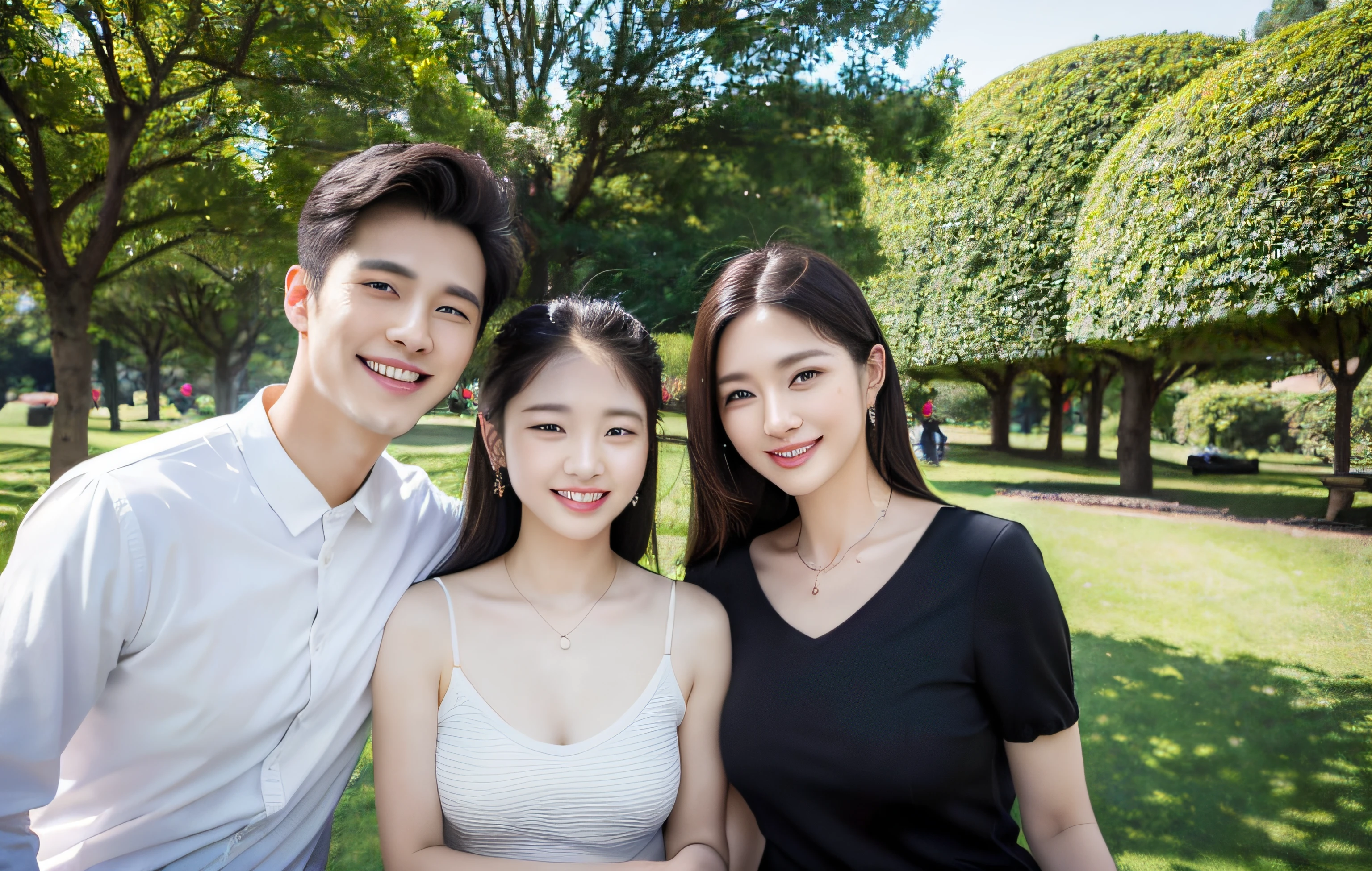 (best quality,masterpiece:1.2),(realistic,photo-realistic:1.37),photo contains 1 handsome man and 1 beautiful woman and a kids, garden park background,(upper body: 1.2),(smile:1.15),(closed mouth),beautiful detailed eyes, Walk through the atmosphere of the park with small lake, wear casual clothes.
