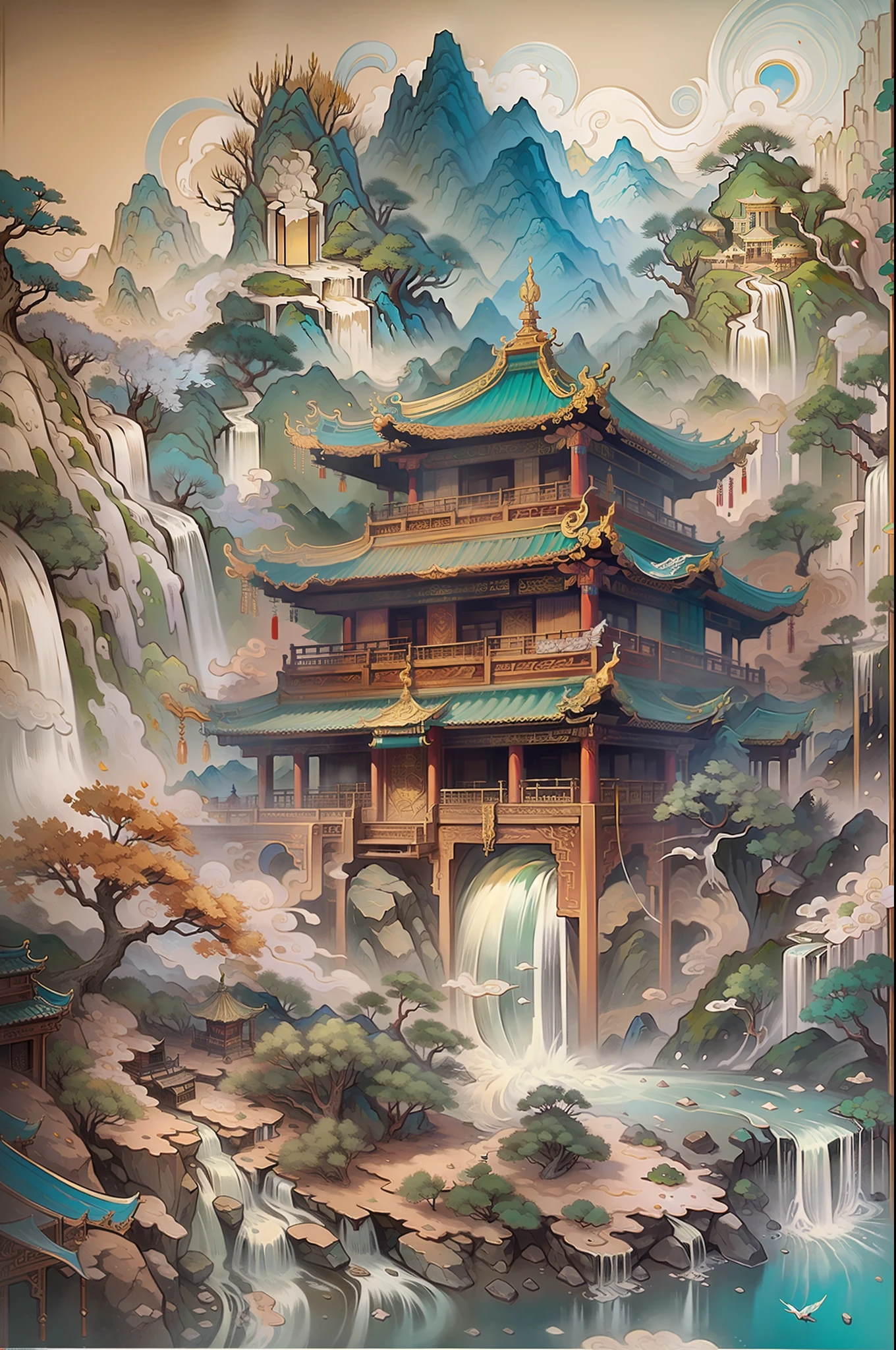 Classicism, Art Deco, Conceptual art, interior architecture, blending, anaglyph, cut-in, masterpiece, UHD, best quality，An ancient Chinese painting，mountain ranges，rios，Auspicious clouds，pavilion，waterfallr