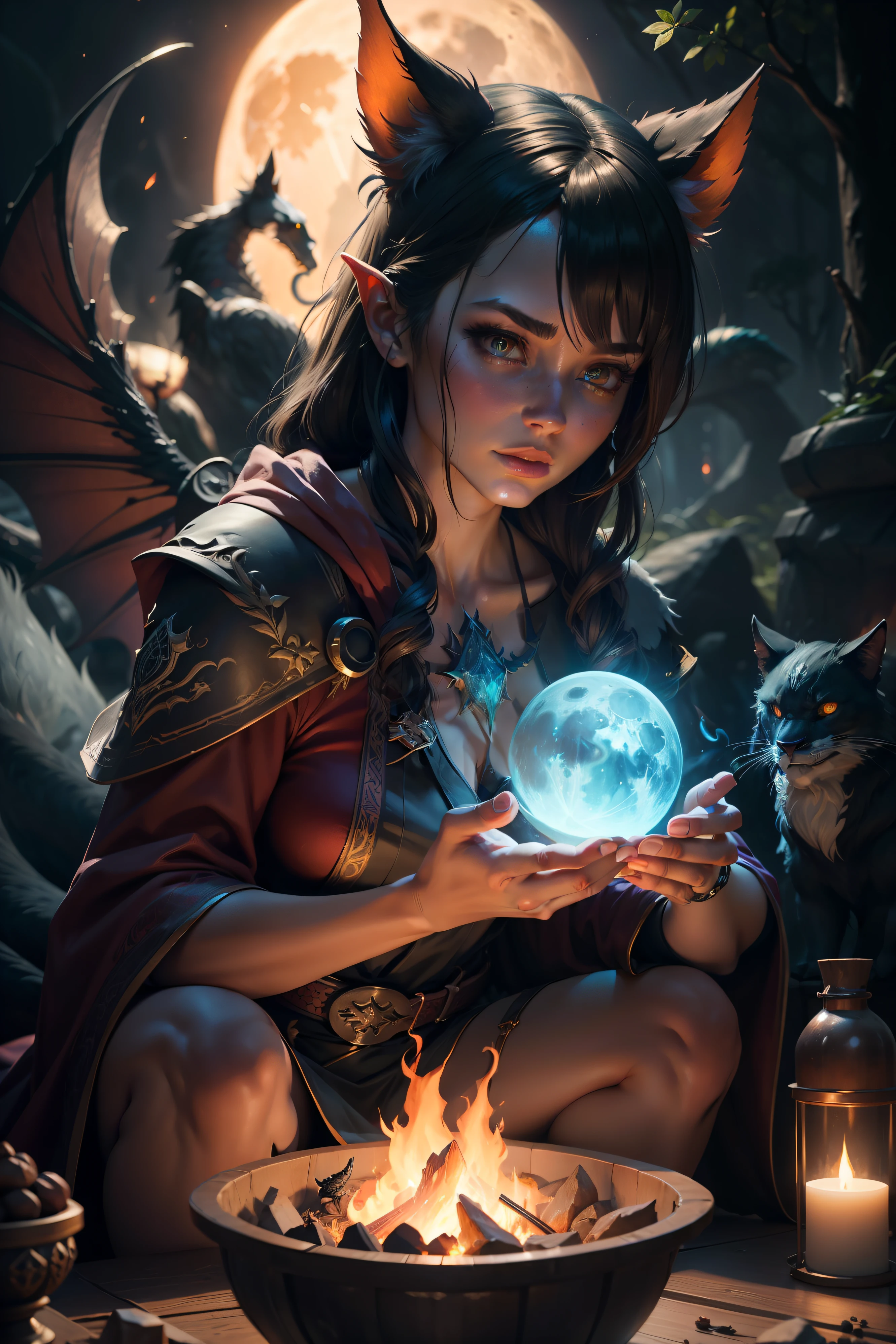 Dangerous, yet mysterious mythical creatures gathering by the fire at full moon, , mysterious, detailed, vibrant, highly detailed, dynamic pose, colourful, Smooth, organic tracery, perfect composition, sharp focus, pixar, nvdia ray tracing, cgsociety, elemental, polished, beautiful d&d character portrait, colorful fantasy, detailed, realistic face, fiverr dnd character, wlop, artstation, hd, octane render, hyperrealism, thewanderer2813, flickering light