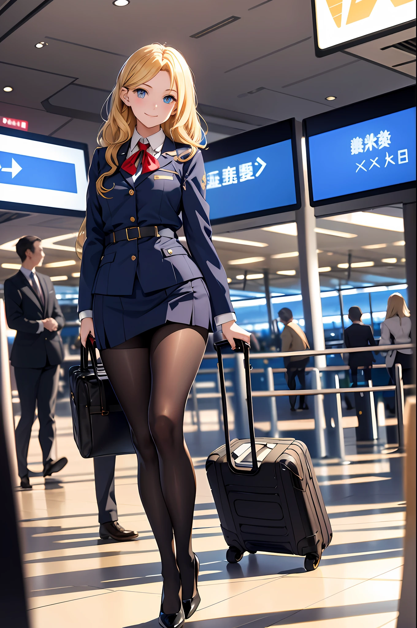 (top-quality、in 8K、32K、masterpiece、nffsw、超A high resolution、Impresionismo、Photorealsitic:1.2)、Full body, (airport:1.4)、realistic shadow、beauitful face、blurry backround、16-year-old beautiful girl、shinny skin, Beautiful golden hair、Wavy Hair、Medium Hair、blue eyess、Stewardess uniform、pantyhose、Black shoes、A smile、Carry Case、thighs thighs thighs thighs、