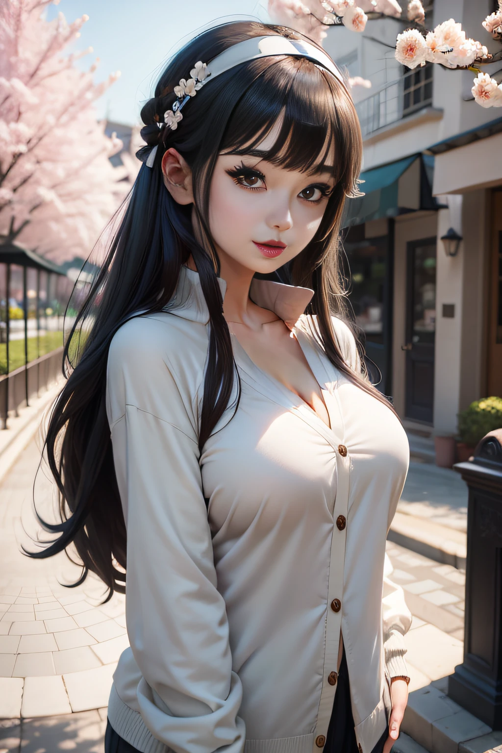big breasts beautiful, tmasterpiece, Best quality at best, Extremely detailed face, Perfect lighting, 1girl, hyouka, hyuga hyuga, By bangs, empty_eyes, black_hair, blunt_bangs, Gray eye, Gray sleeves, headband_around_neck, high light, Ji scissors, hooded_cardigan, longer sleeves, looking_at_viewer, petals, ssmile, 独奏, hair straight, The upper part of the body, jaqueta com capuz, Perfect figure cherry blossom tree background