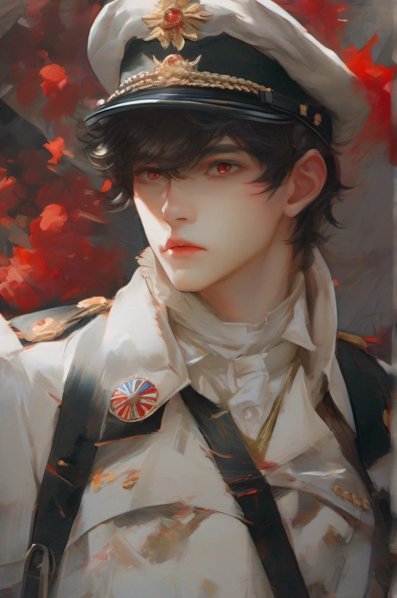 delicated face，Shoot down，Acrylic illustration，painter：Kawacy，painter：john singer sargent，tmasterpiece，Upper body，The king，head portrait，A boy with，red eyes，with short black hair，paleskin，beauitful face，light of god，white  shirt，Black military uniform，Rich in detail，high qulity，Scum，depraved，arrogant，8k，ultra - detailed