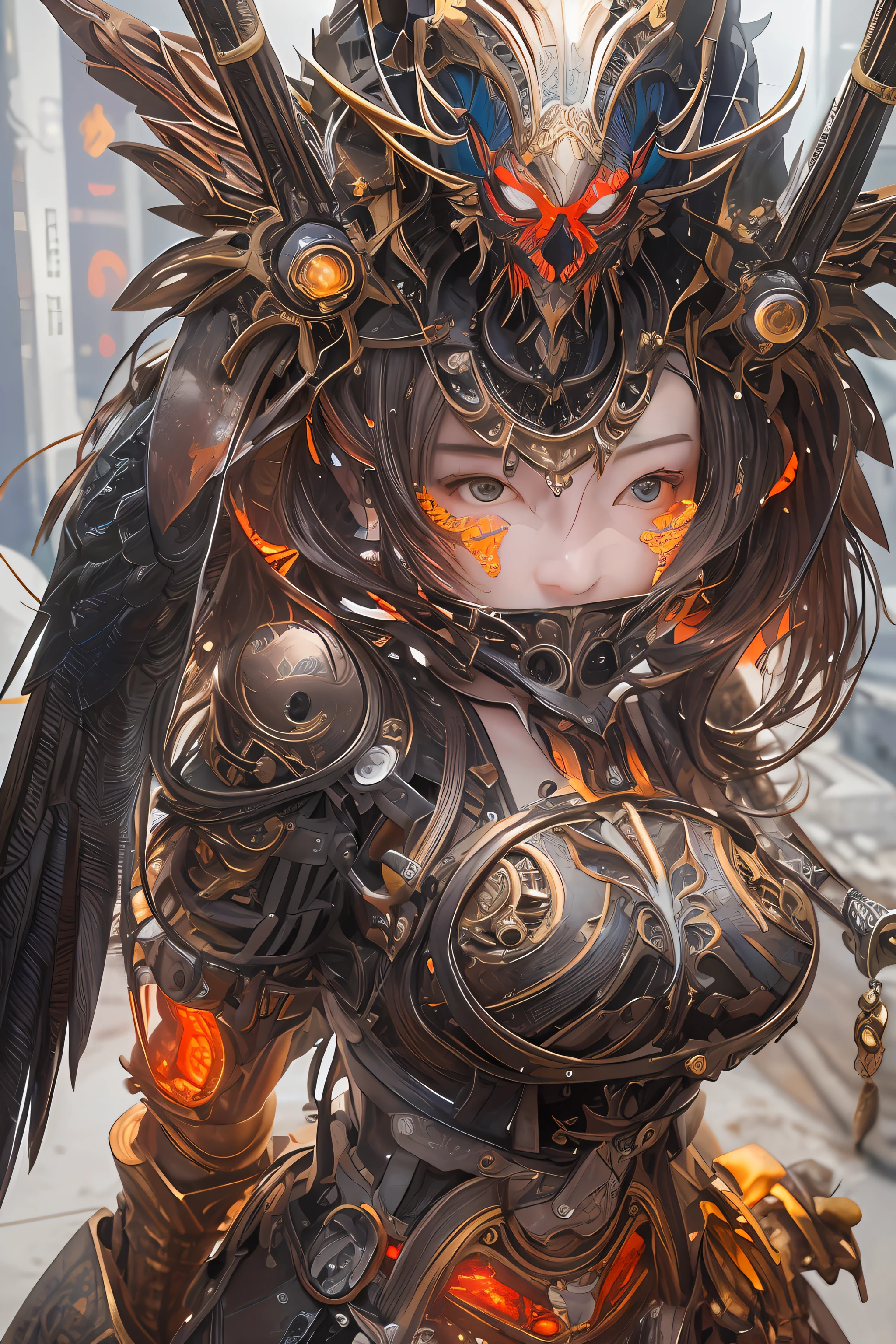 top-quality、​masterpiece、超A high resolution、(Photorealsitic:1.4)、Raw photo、1人、red hairs、glowy skin、1 Machine Devil、large metal wings、Metal horn、((super realistic details))、portlate、globalillumination、Shadow、octan render、8K、ultrasharp、Colossal tits、Raw skin is exposed in cleavage、Black fiberglass body、Details of intricate gilded ornaments、Steampunk details、Glowing LEDs、Hydraulic cylinder、highly intricate detail、Realistic light、Red Eyes、radiant eyes、Facing the camera、neon details、Mechanical limbs、cowboy  shot、Small LED lamp、Orange Character Catch Light、