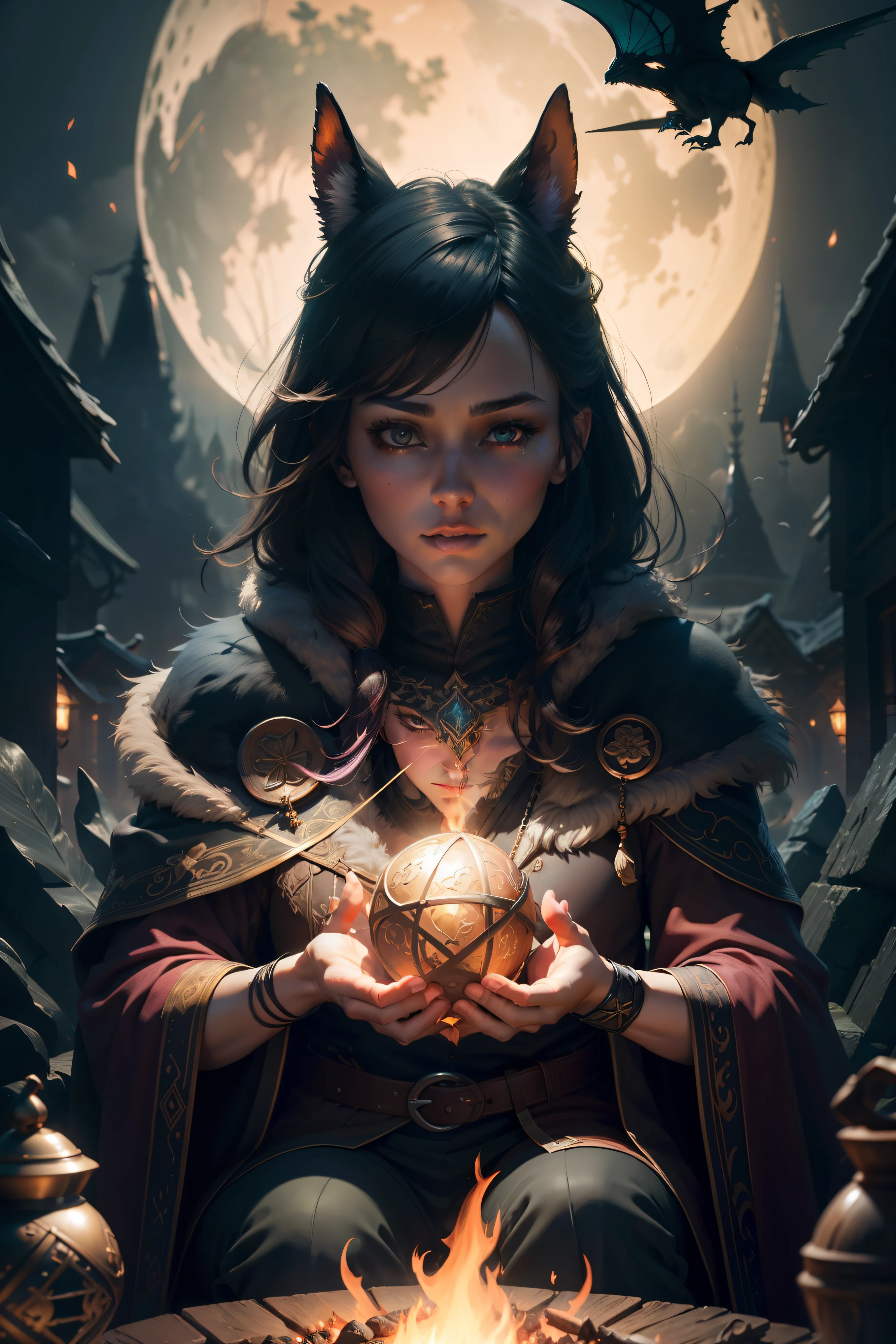Dangerous, yet mysterious mythical creatures gathering by the fire at full moon, , mysterious, detailed, vibrant, highly detailed, dynamic pose, colourful, Smooth, organic tracery, perfect composition, sharp focus, pixar, nvdia ray tracing, cgsociety, elemental, polished, beautiful d&d character portrait, colorful fantasy, detailed, realistic face, fiverr dnd character, wlop, artstation, hd, octane render, hyperrealism, thewanderer2813, flickering light