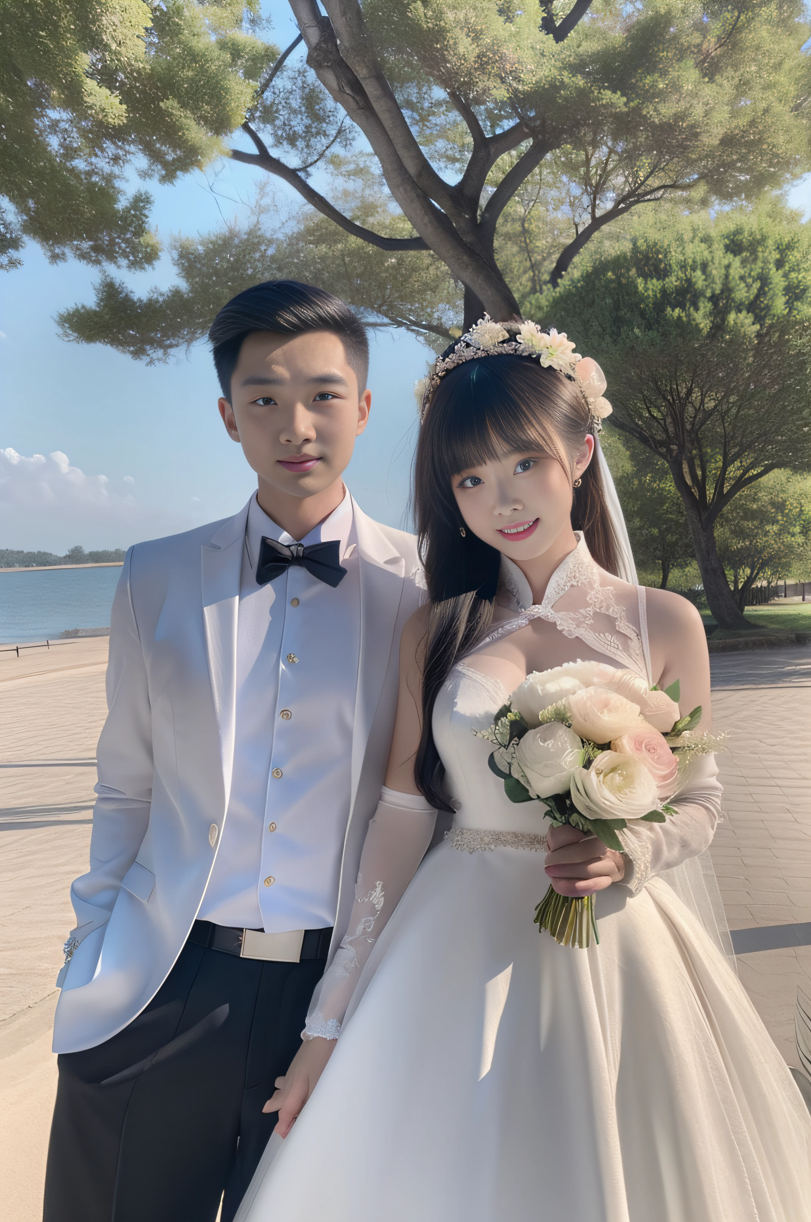 A man and a woman dressed in formal clothes pose for a group photo, wedding photo, ,photoshoot, cute couple, Chinese big breasts, modern day, Beautuful Women, cool guy, Cinema lenses,fresh flowers,beachside