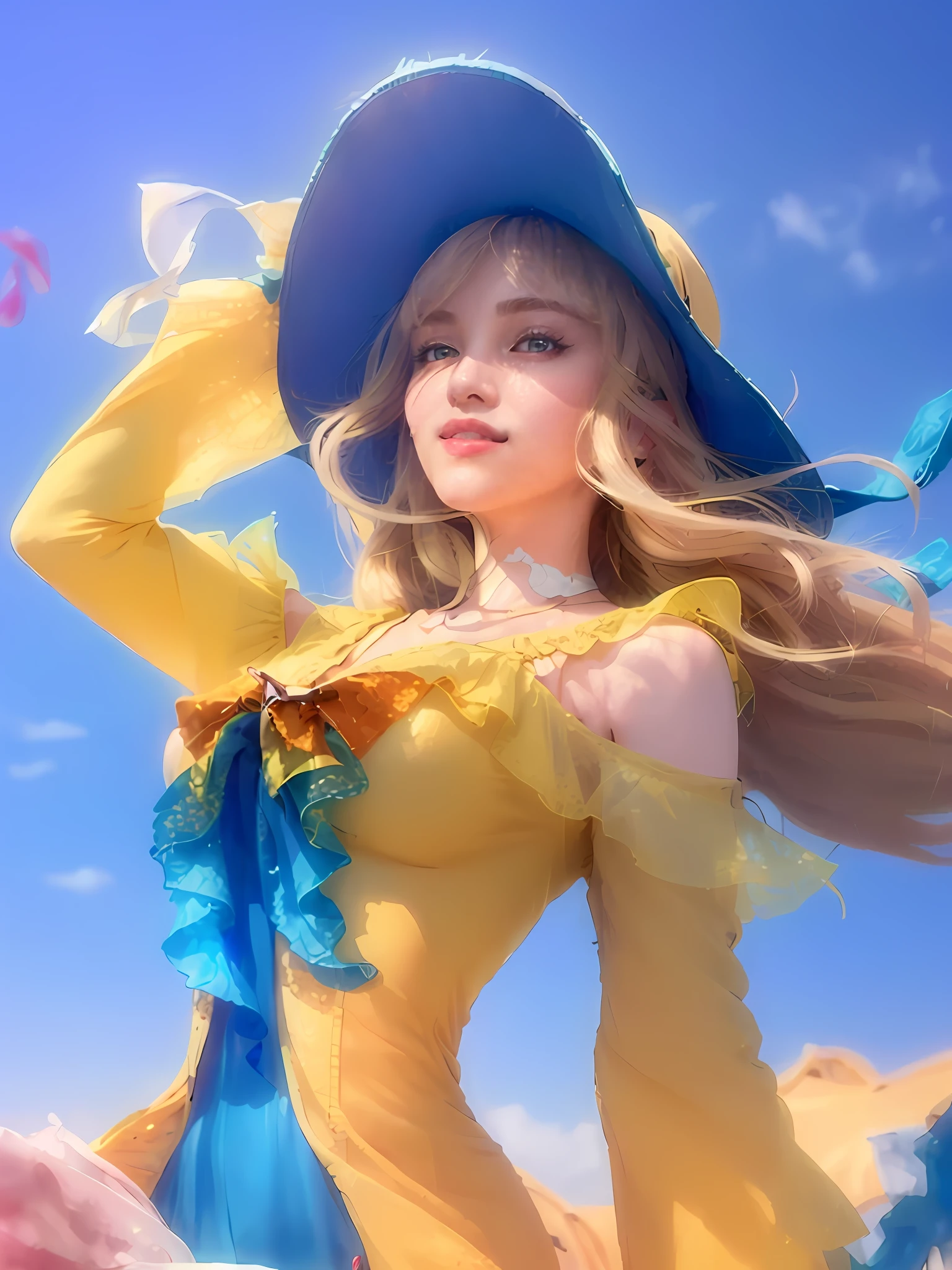 ((Best Quality, 4K, Masterpiece: 1.3)), (Detailed: 1.4), Reality, 1girl, a close up of a woman in a yellow dress and a blue hat, style artgerm, astri lohne, like artgerm, extremely detailed artgerm, sakimichan, sakimichan frank franzzeta, ashe, artgerm detailed, style of artgerm, A woman with Blonde hair and hair bangs, A woman with summer outfit, Big Breast, Huge Breast, beauty eyes, perfect eyes, beauty smile, full smile, 4K, HD, Ultra Realistic, extremely detailed, tfft