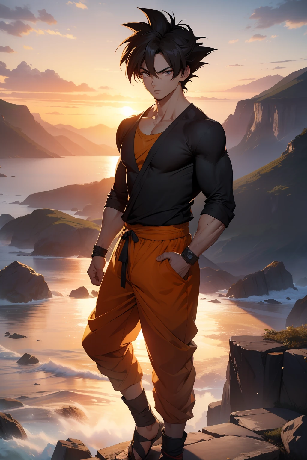 (masterpiece), best quality, ultra-HD, photorealistic, cinematic, ultra-detailed, 8k resolution, Son Goku, 1 boy, (full body view), perfect anatomy, realistic hair, dark hair, perfect eyes, realistic eyes, detailed eyes, perfect hands, from head to toe visibility, sunset, mountain, sea