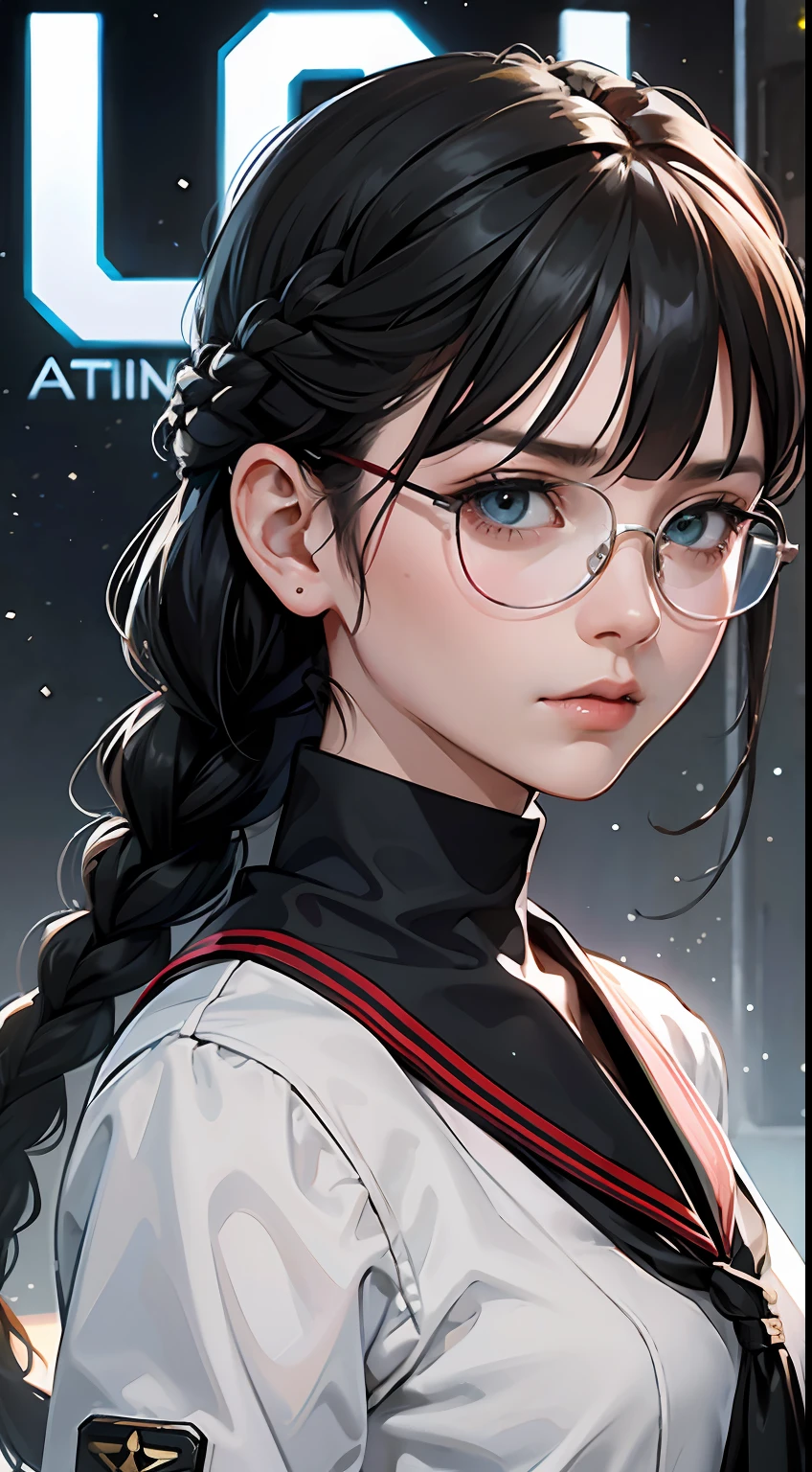 Movie Poster,((Braid Hairstyle : 1.5)),Anime Reference 86 ,Science Fiction,Sci-Fi,Movies,War Action Movies,Space,Atmosphere,Sky,Battleship,Multiple Characters,Women,Adults,Green Eyes,Black Hair,(Pia bangs hairstyle) : 1.8 ),(Red Glasses),General Uniform,White Commander Uniform,Serious Face Frowning,Realistic Face Detail,Realism,3D Face,