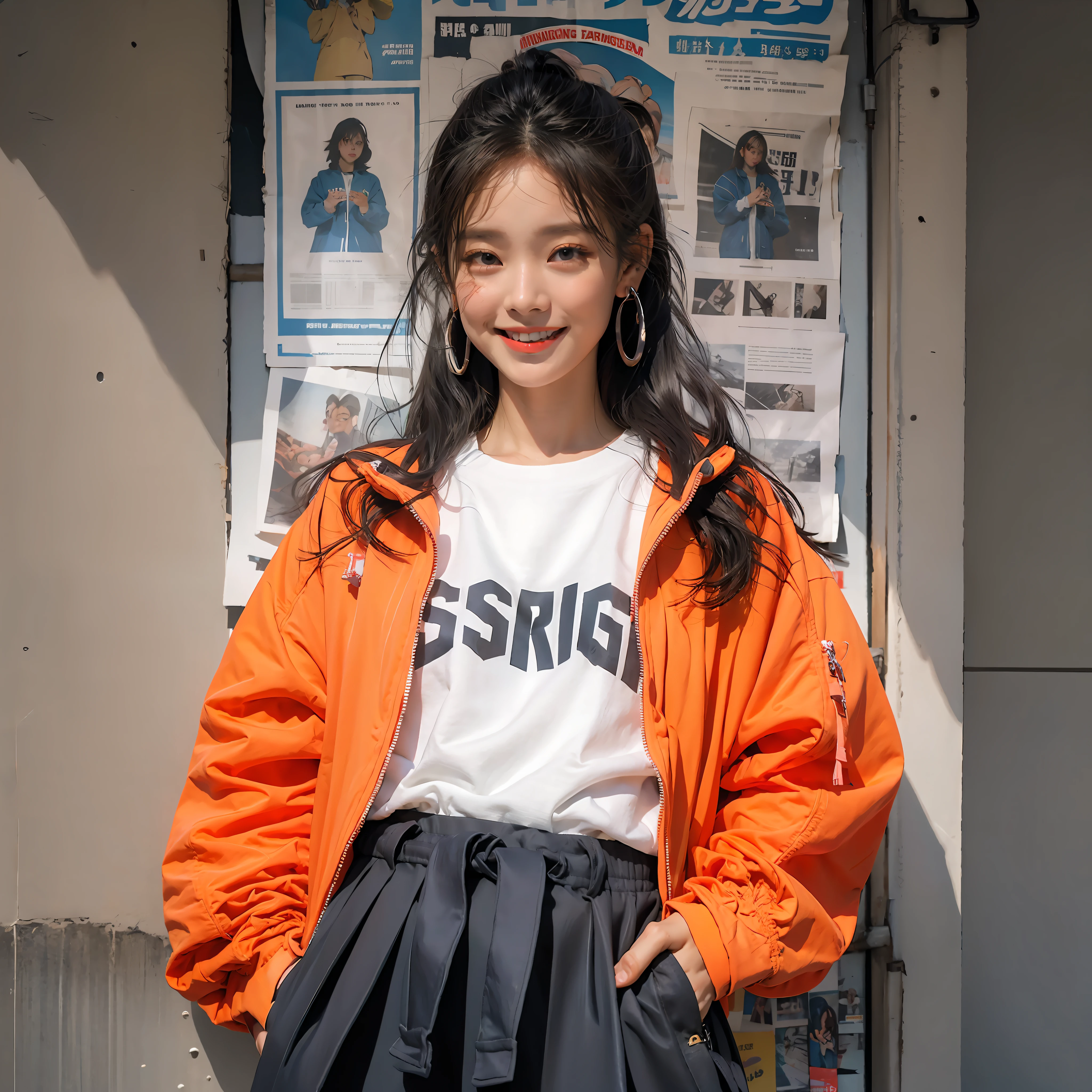 one-girl,Stylish sweatshirt, Windbreaker long skirt,Poster on the front,The color of the clothes is bright and simple,Cute, Very aesthetic,Realistic style anime,ssmile,self-assured,Put your hands in your pockets,tmasterpiece,ultraclear,8K,HighestQuali,