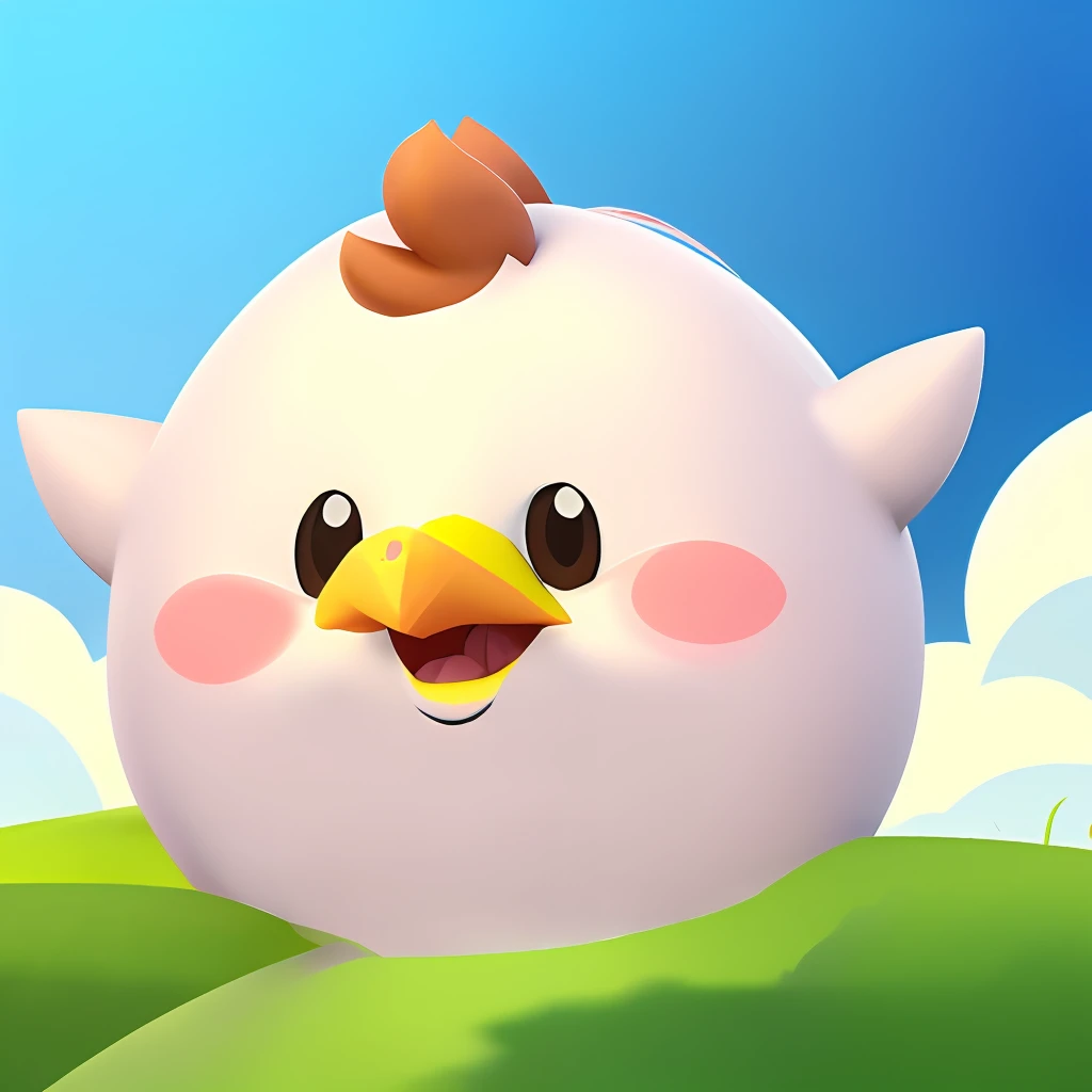 There is a cartoon chicken with a bird on its head, birb, super cute and friendly, 3 d icon for mobile game, negao, cute character, anthropomorphized chicken, adorable creature, adorable creature, head is an egg,Mobile game art, cas, Partial,  merging, Super cute, cocky, Game icon，slimes，large grassland，HighestQuali，higher details，Q bomb，Rounded