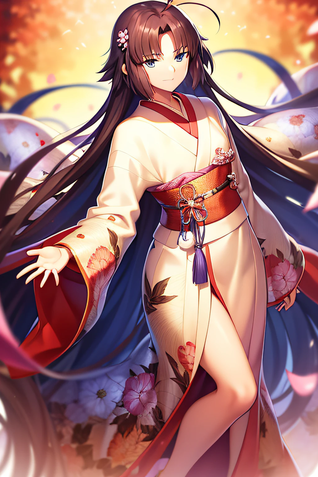 ryougi shiki (third ascension), (((Best quality))), ((Ultra-detailed)), ((illustration)), ((Disheveled hair)), ((frilld)), (1 girl), (Solo),ahoge, bangs, Blue eyes, Brown hair, Eyebrows visible through hair, Eyes visible through hair, Female, Female only, hair adornments, komono, Long hair, Long sleeves, view the viewer, Obi, petals, reaching out, Reach out to the audience, Robe, sash, side locks, Wafuku, Wide sleeves,