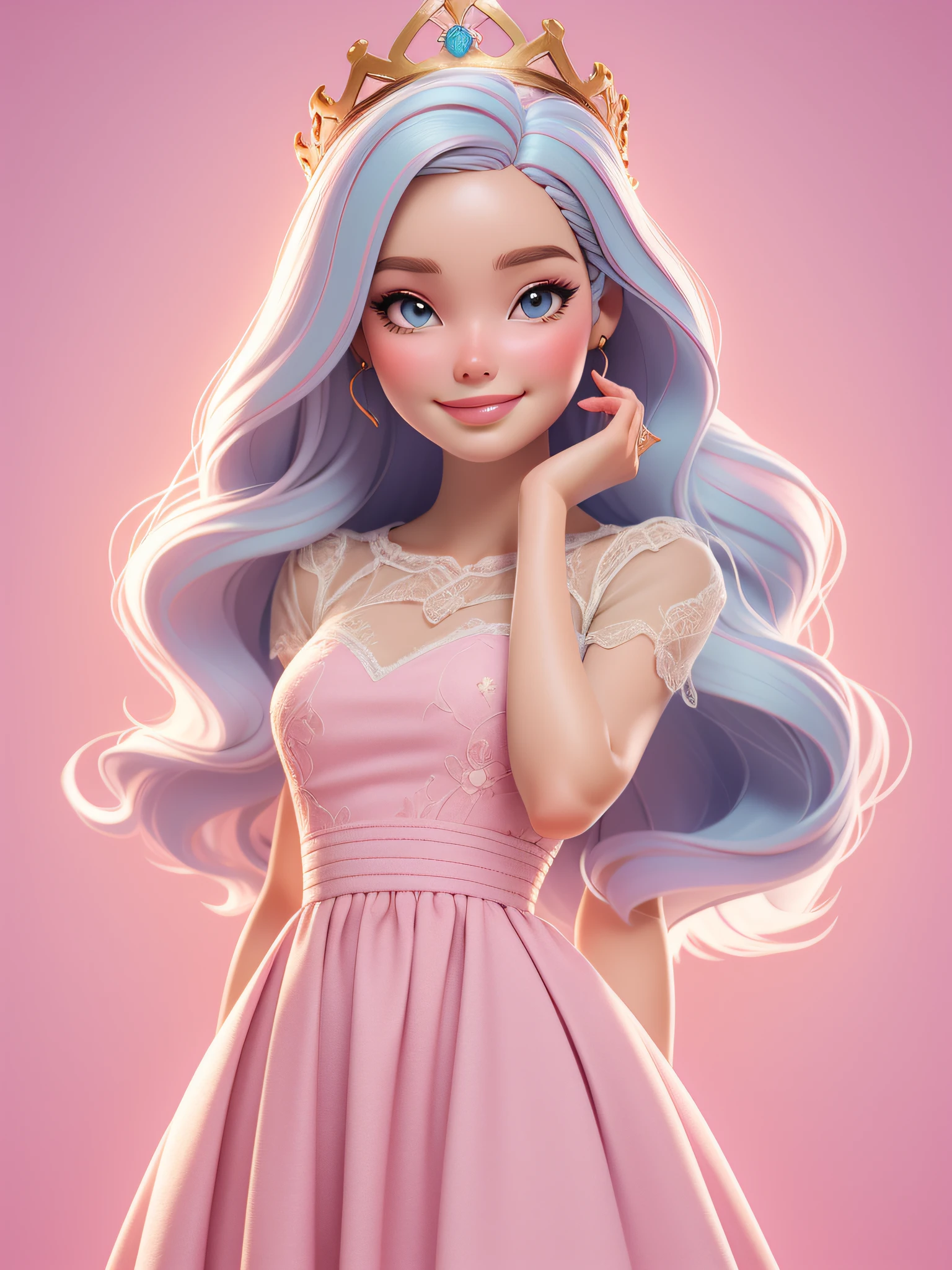 dynamic lighting, A Barbie princess wearing a lovely pink dress, wearing a beautiful crown, dynamic lighting, A Barbie princess, pink background, delicate face, white skin, (cute:1.3), (pale skin:1.1), (soft smiling:1.1), detailed face, detailed skin texture, sun ray, by ilya kuvshinov, nina masic, natural lighting, subsurface scattering, ornate, pink hair, ((cowboy shot)), atmospheric perspective, retina, textured skin, anatomically correct, best quality, award winning