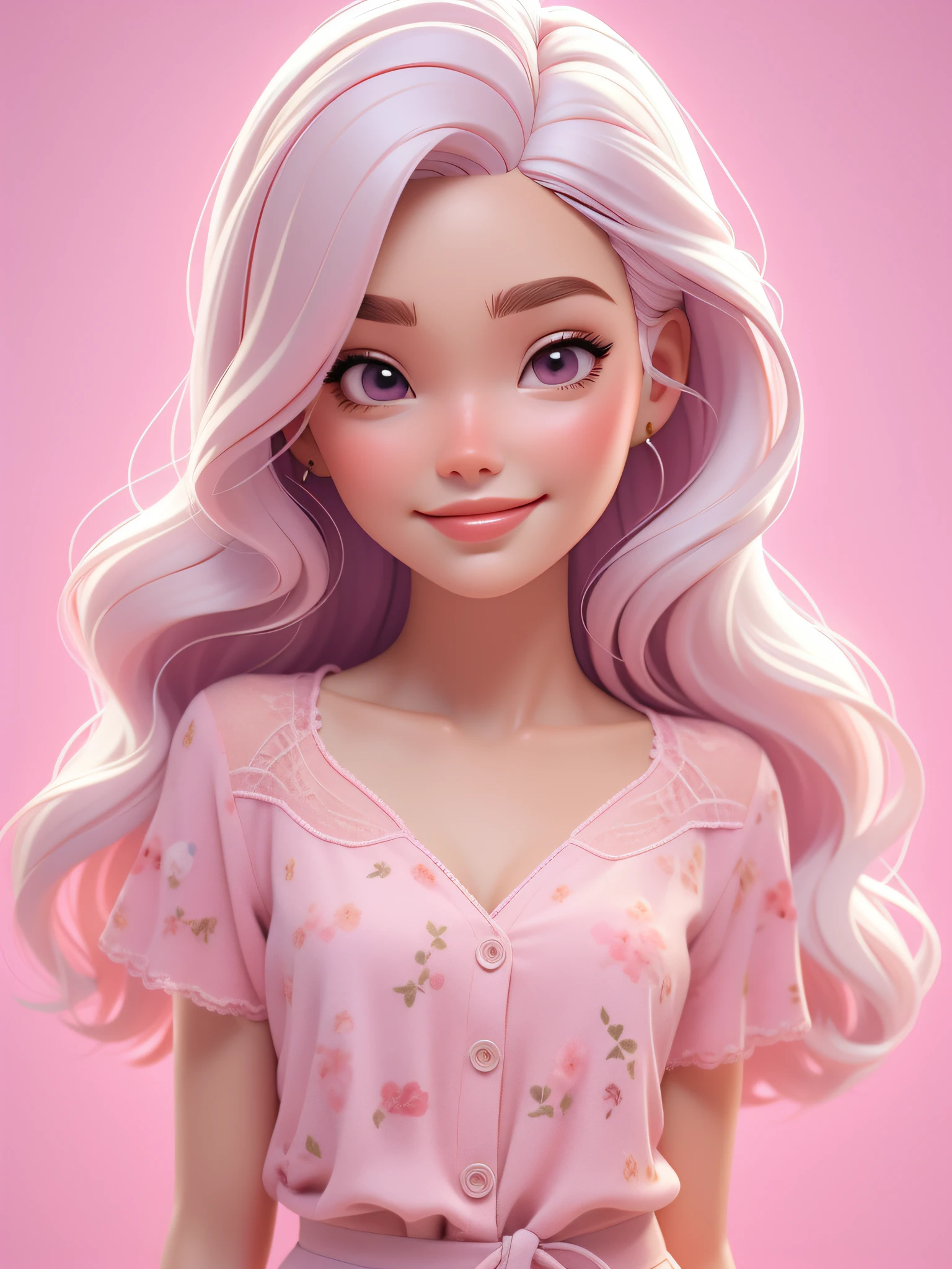 dynamic lighting, ((A Study in Pink)), A Barbie princess, pink background, delicate face, white skin(cute:1.3), (pale skin:1.1), (soft smiling:1.1), detailed face, detailed skin texture, sun ray, by ilya kuvshinov, nina masic, natural lighting, subsurface scattering, ornate, pink hair, cowboy shot, atmospheric perspective, retina, textured skin, anatomically correct, best quality, award winning