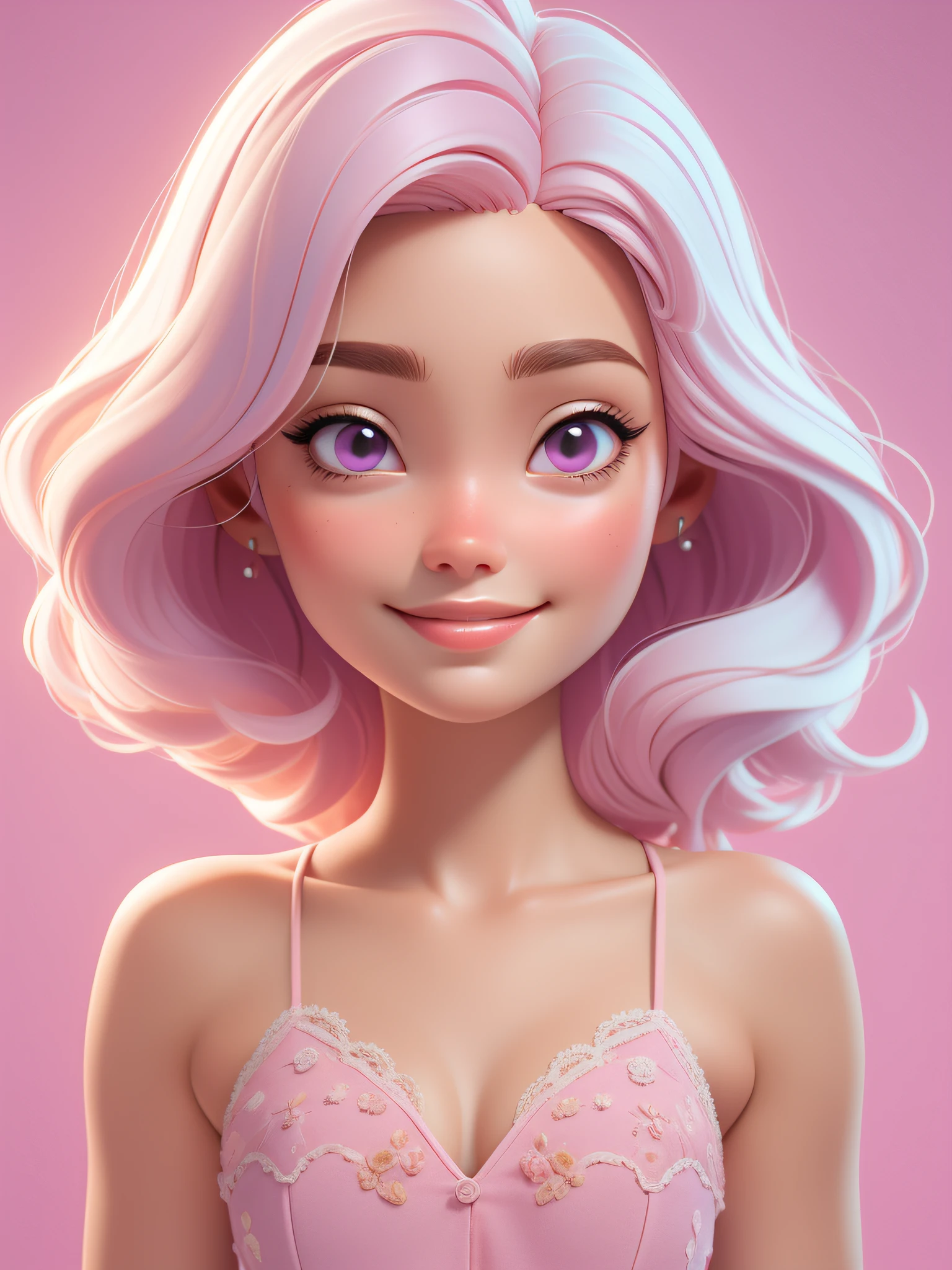 dynamic lighting, ((A Study in Pink)), A Barbie princess, pink background, delicate face, white skin(cute:1.3), (pale skin:1.1), (soft smiling:1.1), detailed face, detailed skin texture, sun ray, by ilya kuvshinov, nina masic, natural lighting, subsurface scattering, ornate, pink hair, cowboy shot, atmospheric perspective, retina, textured skin, anatomically correct, best quality, award winning