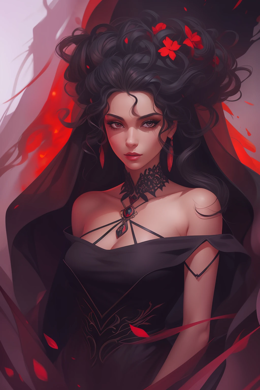 a portrait of a beautiful woman in a black dress with a red veil over her bare shoulders, black curly hair, black eyes, beautiful character painting, beautiful digital artwork splash art style, stunning digital illustration