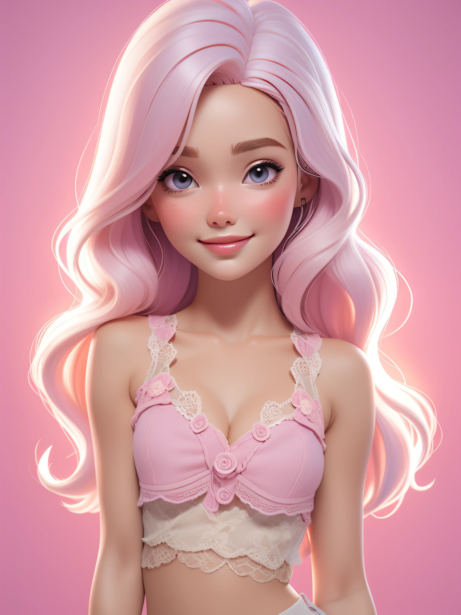 dynamic lighting, ((A Study in Pink)), A Barbie princess, pink background, delicate face, white skin(cute:1.3), (pale skin:1.1), (soft smiling:1.1), detailed face, detailed skin texture, sun ray, by ilya kuvshinov, nina masic, natural lighting, subsurface scattering, ornate, pink hair, cowboy shot, atmospheric perspective, retina, textured skin, anatomically correct, best quality, award winning