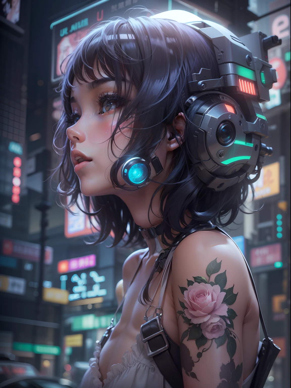 (((​masterpiece)))、(((top-quality)))、((ultra-definition))、(High Definition CG Illustration)、((extremely delicate and beautiful))、City of the Future、Cinematic Light、独奏、full body Esbian、Beautiful Neon Lights、2080s、animesque、Beautiful girl、Black color hair、Bob Hair、Machine Man、robot girl、tattooed、trending on artstationh、Rachel Walker、