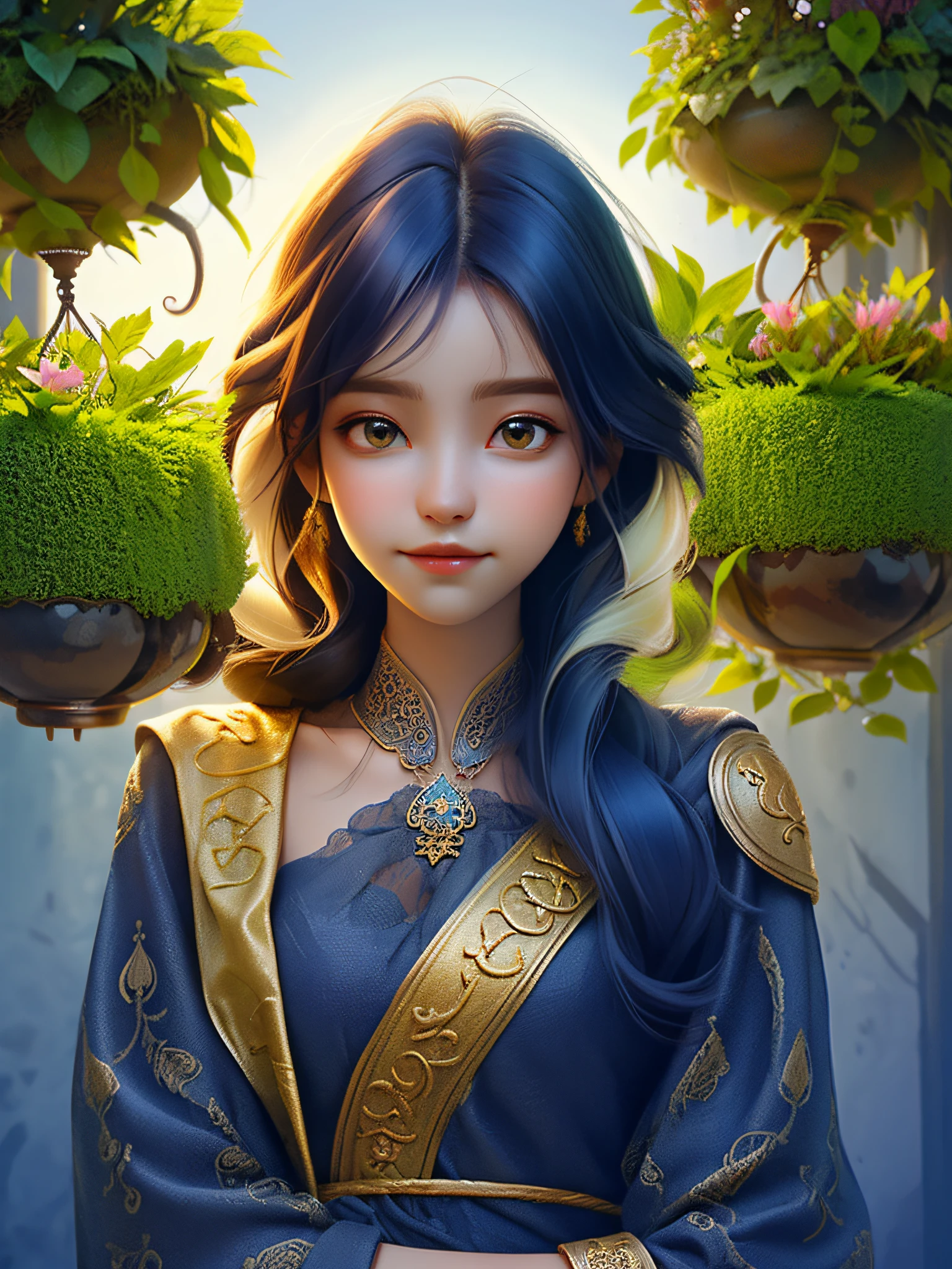 dynamic lighting, (((Hanging Gardens of Babylon))), (cute:1.3), gradient hair, (pale skin:1.1), (soft smiling:1.1), detailed face, detailed skin texture, sun ray, by ilya kuvshinov, nina masic, natural lighting, subsurface scattering, ornate, cowboy shot, atmospheric perspective, retina, textured skin, anatomically correct, best quality, award winning