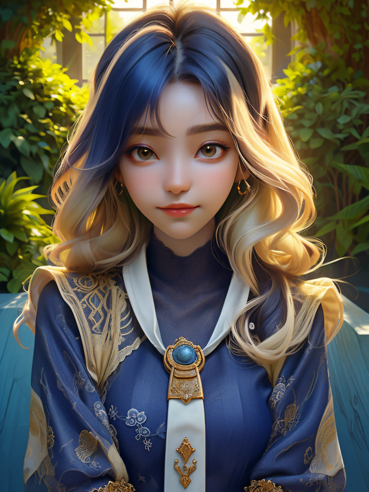 dynamic lighting, (((Hanging Gardens of Babylon))), (cute:1.3), gradient hair, (pale skin:1.1), (soft smiling:1.1), detailed face, detailed skin texture, sun ray, by ilya kuvshinov, nina masic, natural lighting, subsurface scattering, ornate, cowboy shot, atmospheric perspective, retina, textured skin, anatomically correct, best quality, award winning