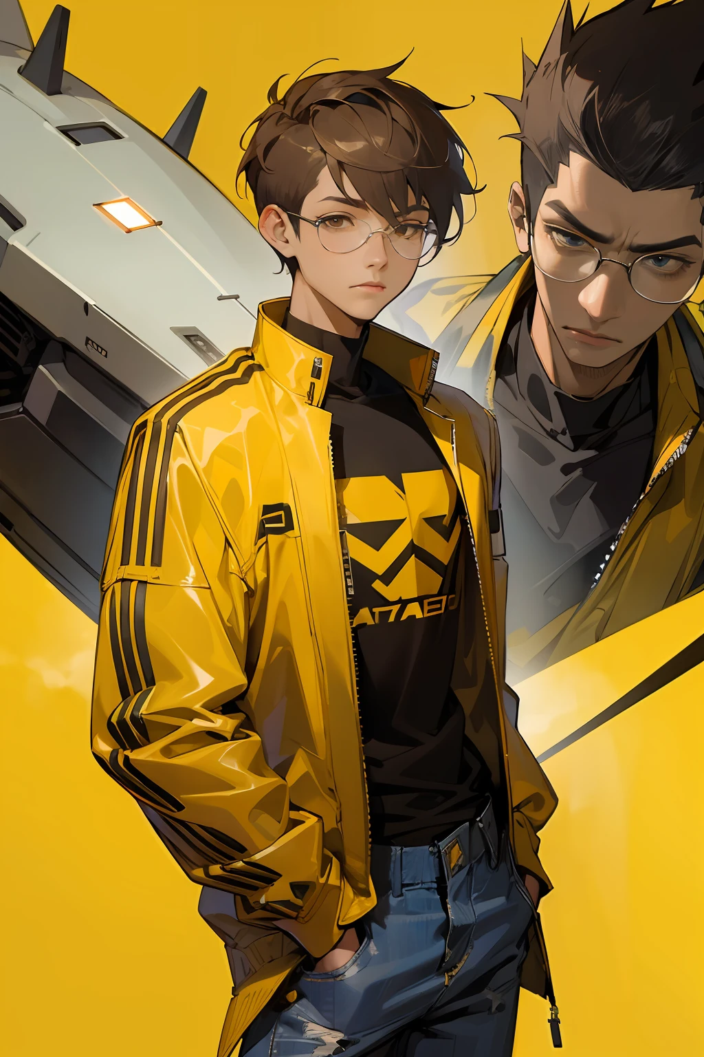 (masterpiece), best quality, expressive eyes, perfect face, young adult male, glasses, tanned skin, Asian, brown eyes, slightly long spikey fade haircut, yellow futuristic jacket, black t-shirt, jeans trousers, futuristic city background, cyberpunk theme