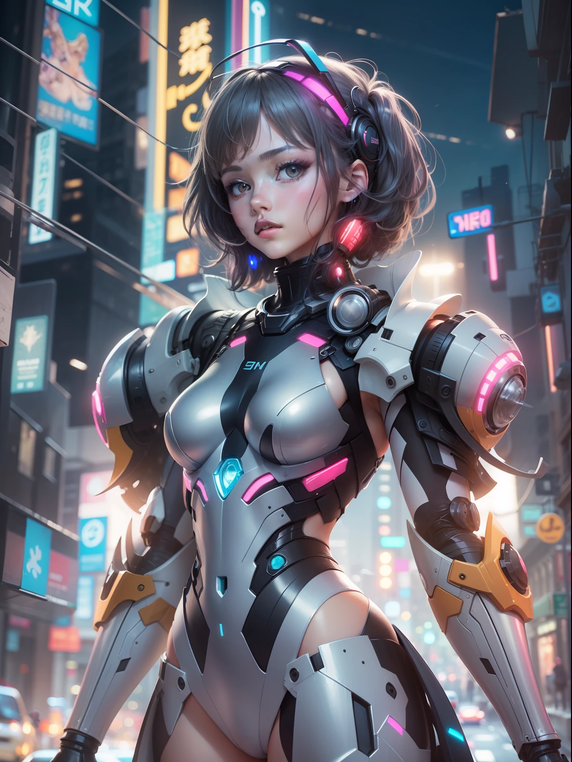 (((masterpiece)))、(((top-quality)))、((ultra-definition))、(High Definition CG Illustration)、((extremely delicate and beautiful))、City of the Future、Cinematic Light、独奏、full body Esbian、Beautiful Neon Lights、2080s、animesque、Beautiful girl、Black color hair、Bob Hair、Machine Man、robot girl、tattooed、trending on artstationh、Rachel Walker、