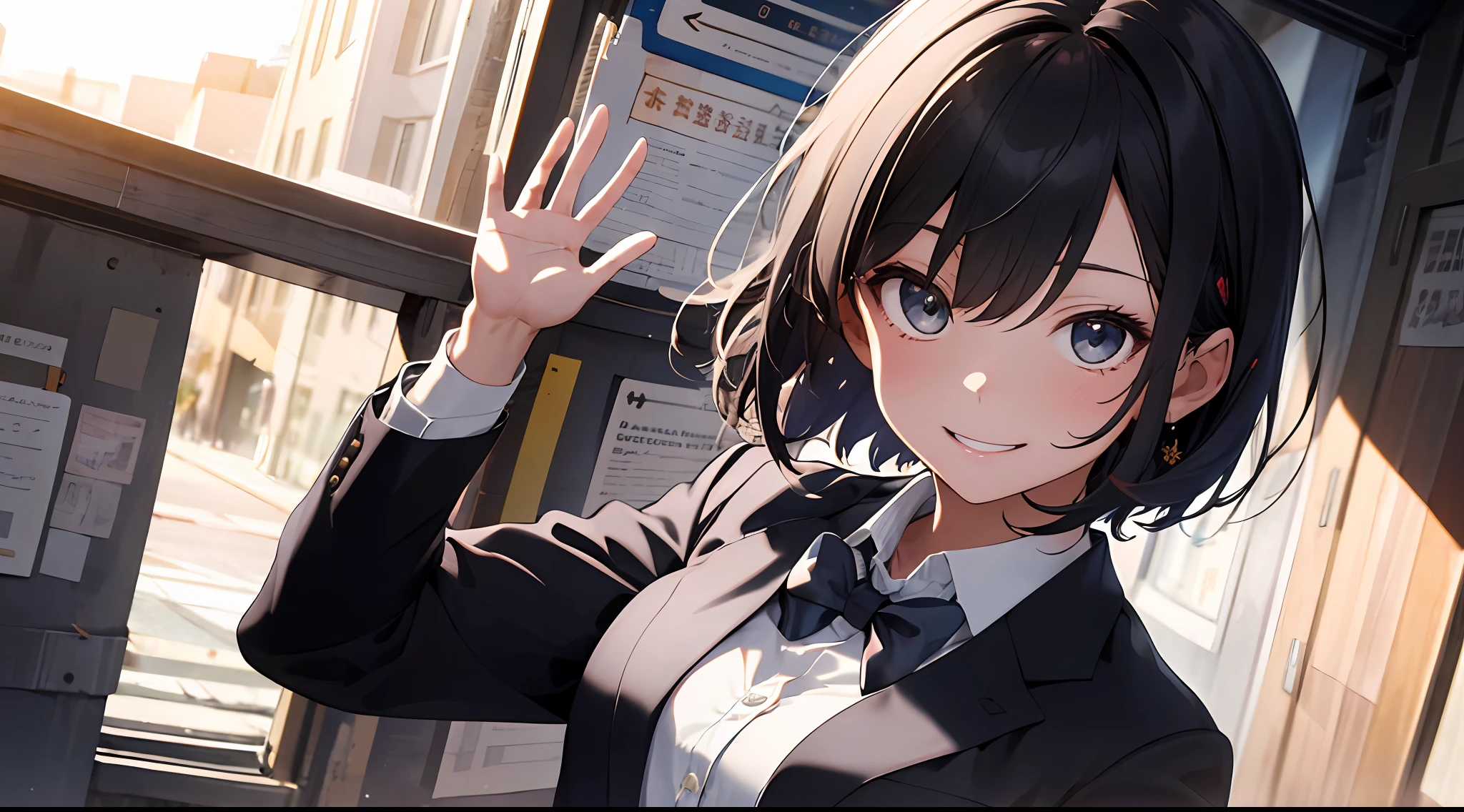 (masterpiece、top-quality)・(Masterpiece, top quality, super detailed CG, beautiful detailed eyes, super detailed, intricate details:1.2), 8k wallpapers, elaborate features,
(1 person, solo:1.4)perfect cartoon illustration,(1 person, solo:1.4)
(realistic textures:0.8), high res, cute, (vivid colors, dynamic lighting:1.0), (high contrast:0.8),
Young boy, high school boy, tall, smiling, waving, short hair, dark eyes, school uniform, black blazer (1.2), black slacks, white shirt (1.1), red tie, sun, dispersion of light, wind blowing