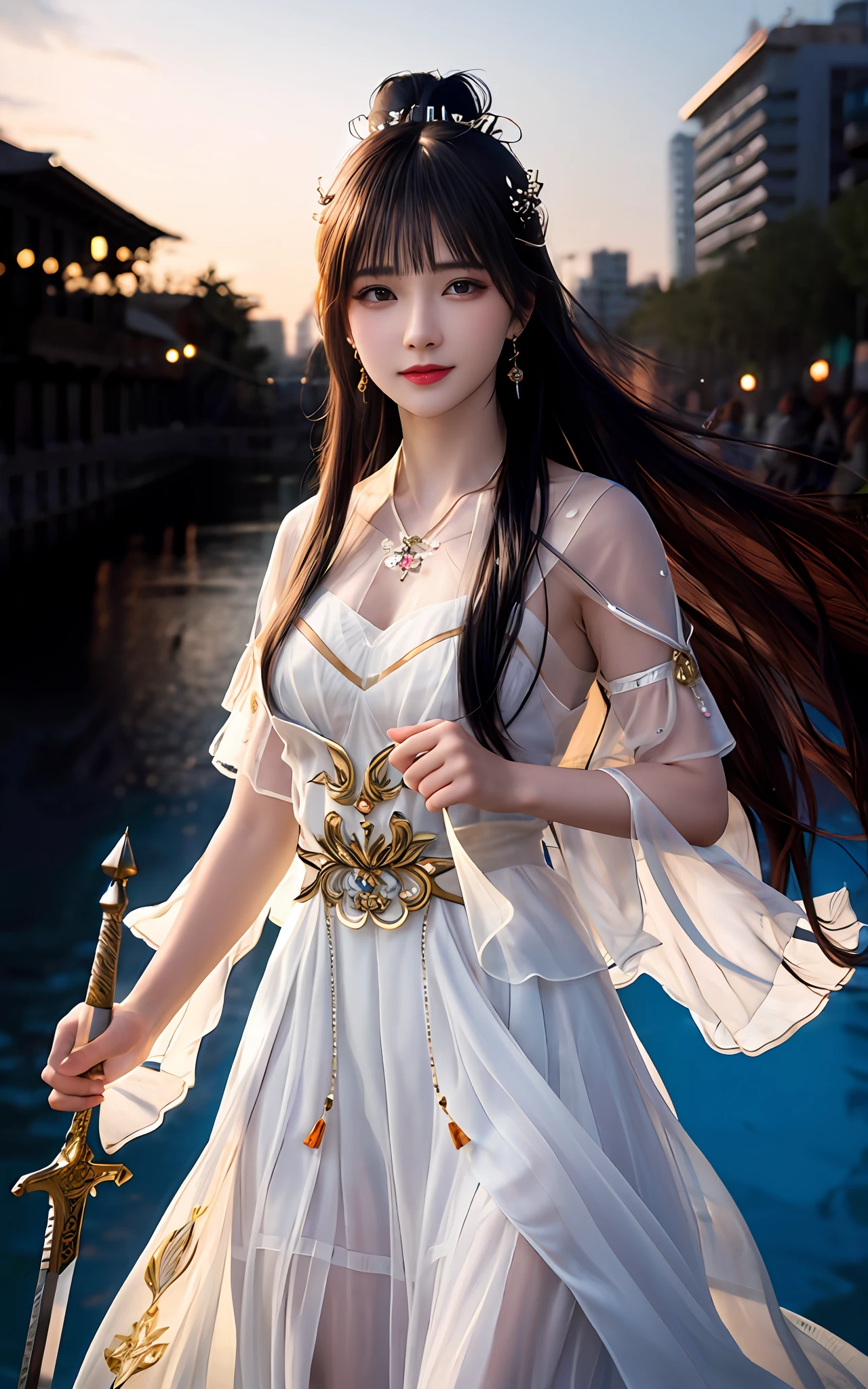 (realisticity: 1.2), best quality, masterpiece, highres, cg,
1girl, weapon, sword, long hair, dress, water, solo, jewelry, white dress, earrings, hair ornament, splashing, upper body super realistis, hair bun, blue and orange hair, city backgraun realistis,
lighting,candid, Photograph, high resolution, 4k, 8k, Bokeh,