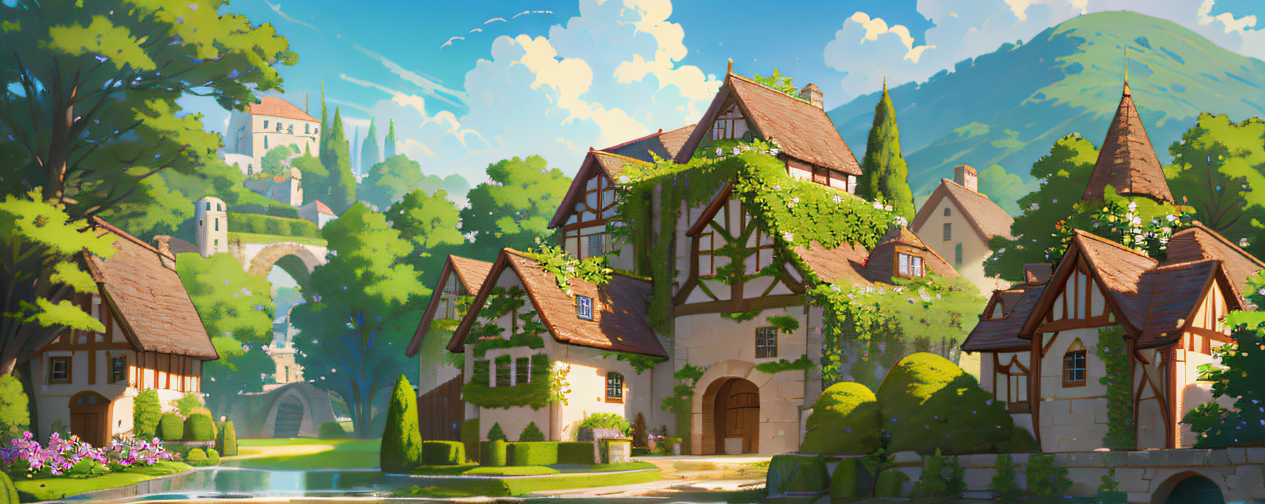 (top quality, masterpiece, ultra-real), outdoor lots of flowers, dense mass of plants, the landscape in the background is a garden.medieval house