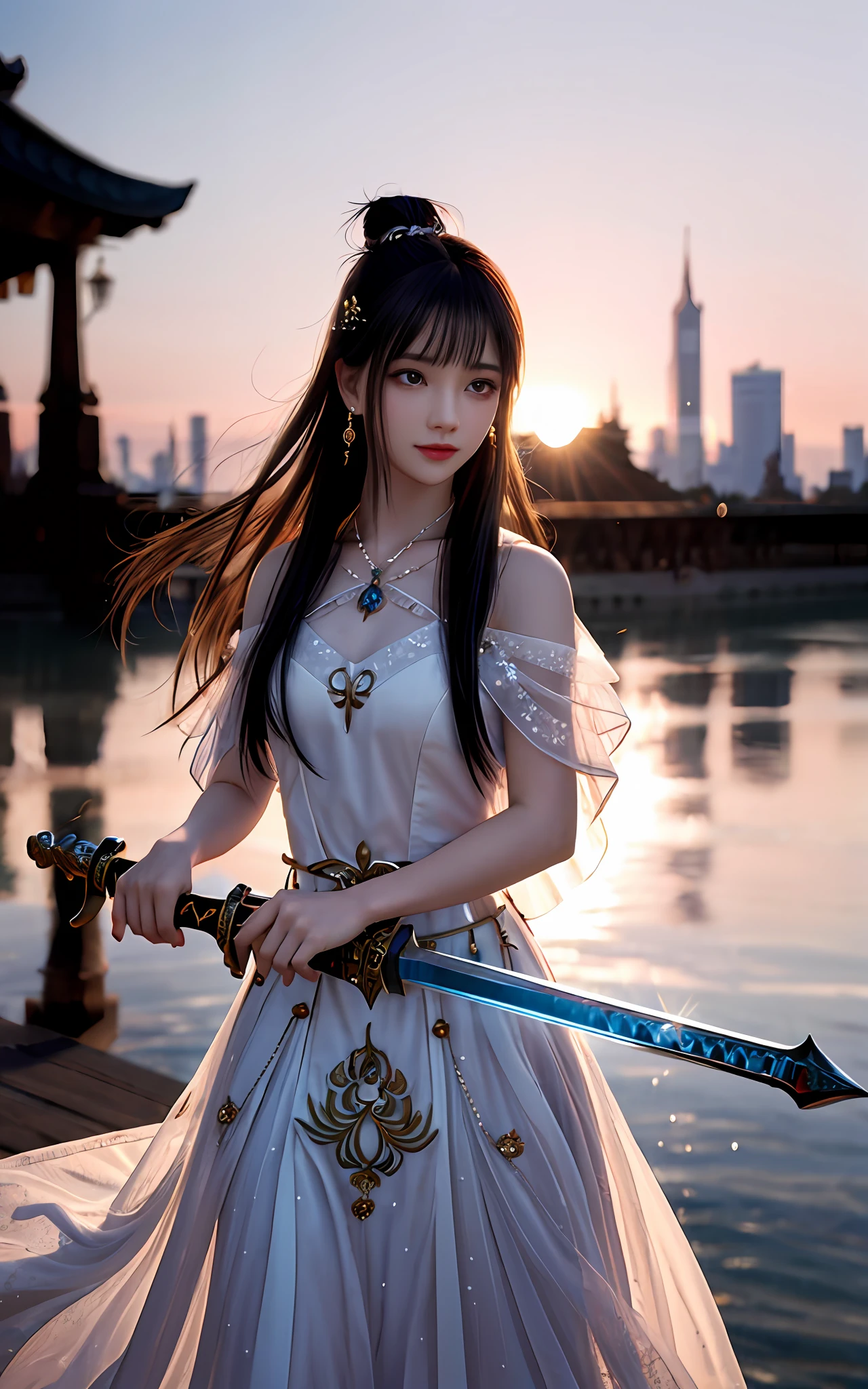 (realisticity: 1.2), best quality, masterpiece, highres, cg,
1girl, weapon, sword, long hair, dress, water, solo, jewelry, white dress, earrings, hair ornament, splashing, upper body super realistis, hair bun, blue and orange hair, city backgraun realistis,
lighting,candid, Photograph, high resolution, 4k, 8k, Bokeh,