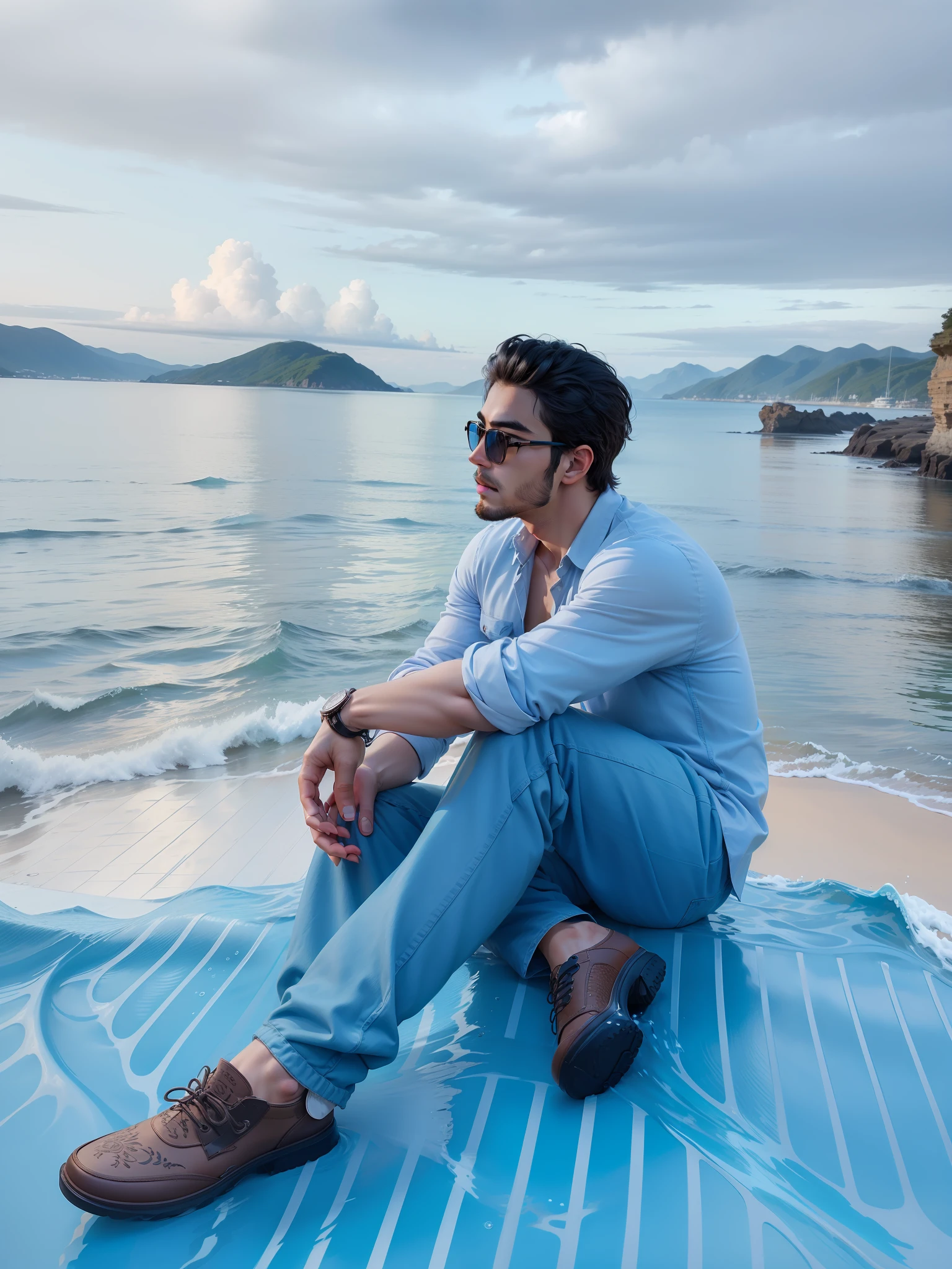 Change background with beautiful water Nature or sea, Handsome look maintain original face