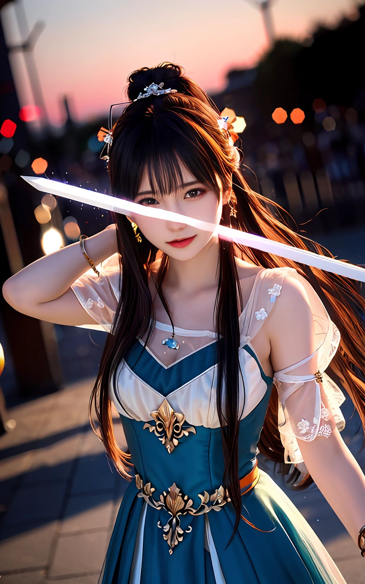 (realisticity: 1.2), best quality, masterpiece, highres, cg,
1girl, weapon, sword, long hair, dress, water, solo, jewelry, white dress, earrings, hair ornament, splashing, upper body super realistis, hair bun, blue and orange hair, city backgraun realistis,
lighting,candid, Photograph, high resolution, 4k, 8k, Bokeh,