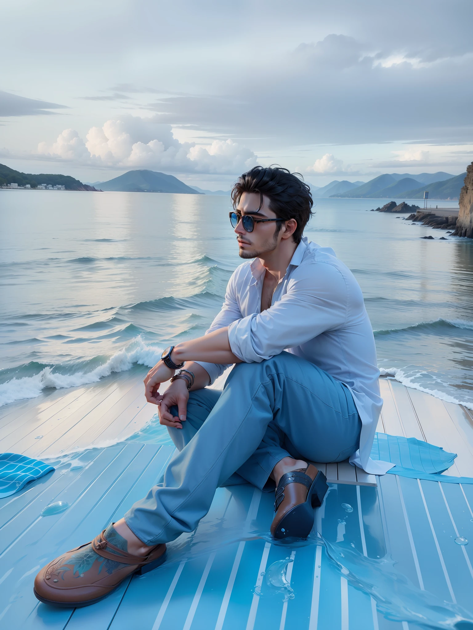 Change background with beautiful water Nature or sea, Handsome look maintain original face