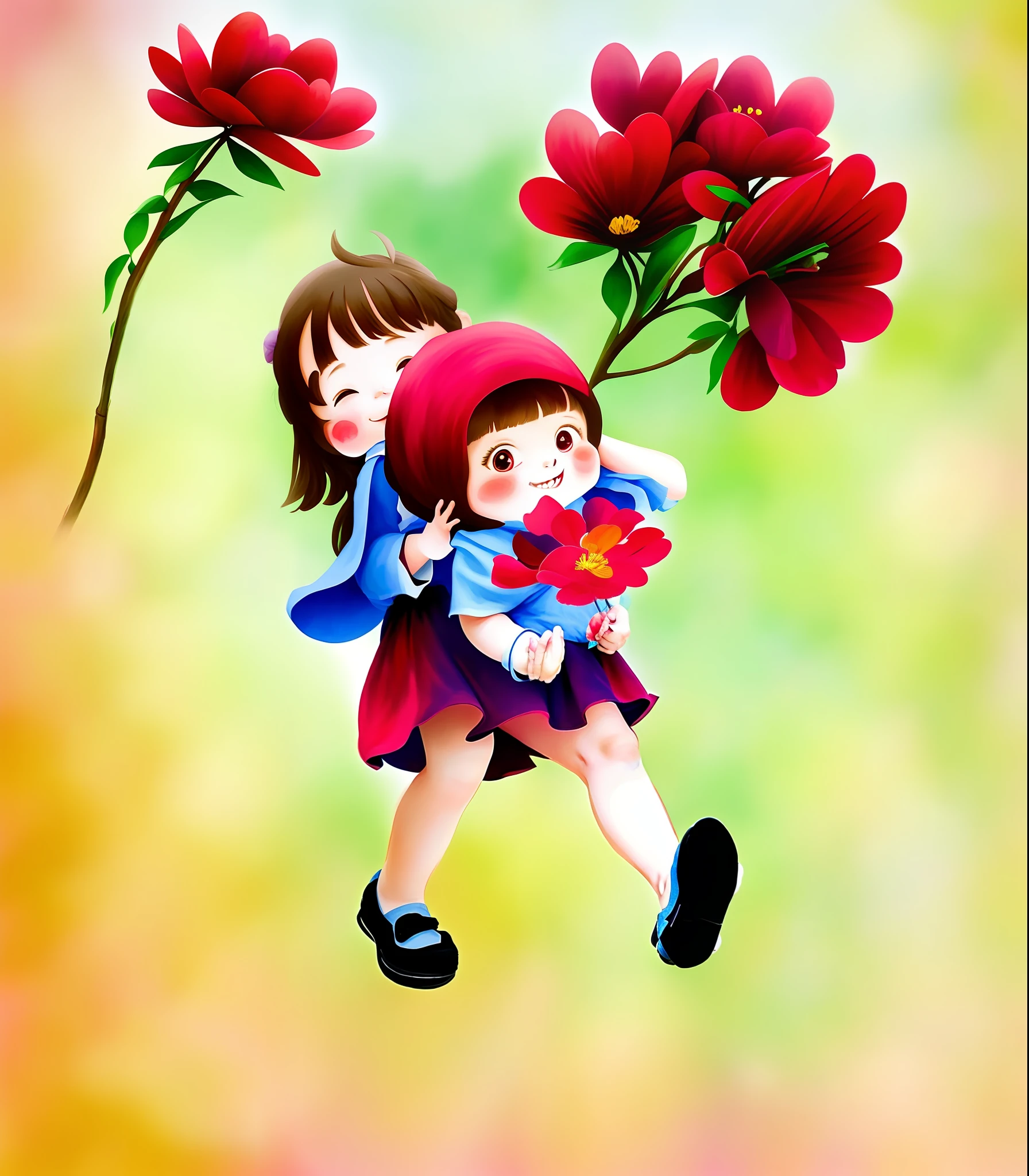 A girl holding another with long ears,Carrying red flowers,having fun,grin,Loli,handpad,