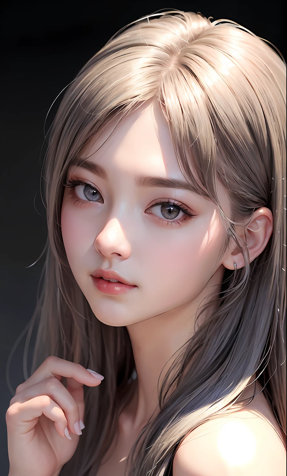 (8k、RAW Photos、Photorealsitic:1.25)、(lipgloss、eye lashes、Shiny face、shinny skin、best qualtiy、超A high resolution、depth of fields、chromatic abberation、Caustics、Wide range of lighting、Natural shading、Kpop Idle) The viewer looks calm and goddess-like with a sense of happiness、maikurobikini、silber hair