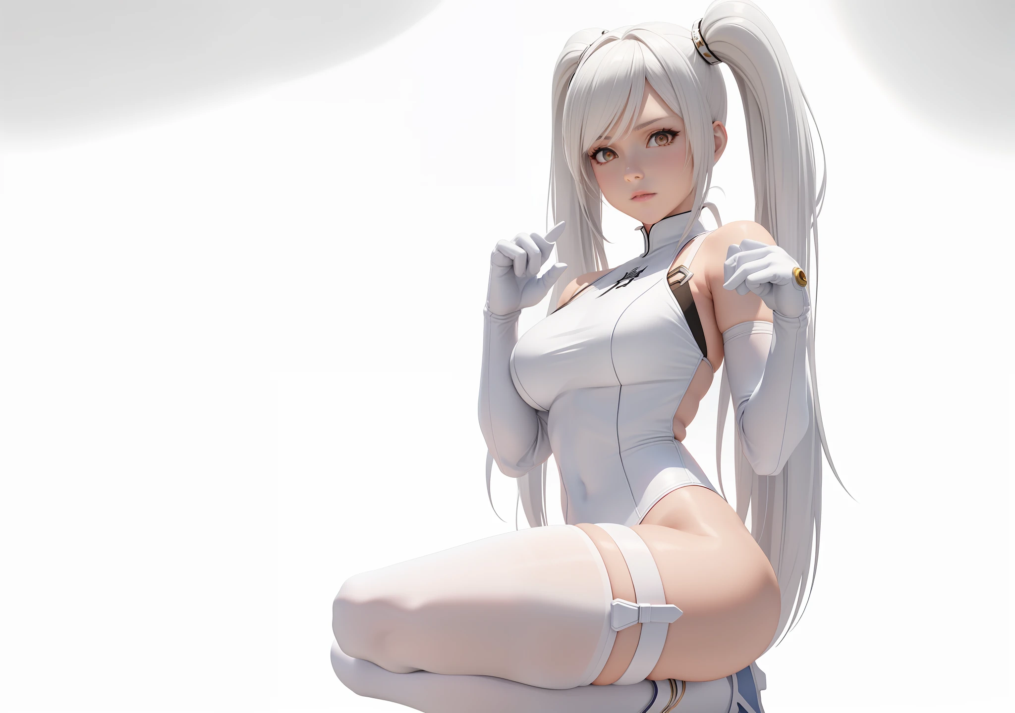 Woman in white poses for photo, photorealistic anime girl render, Anime Barbie in white stockings, King of Fighters character, twintails white_gloves, as a character in tekken, fighter pose, render of a cute 3d anime girl, wearing white leotard, rendered in sfm, render of april, fighting game character