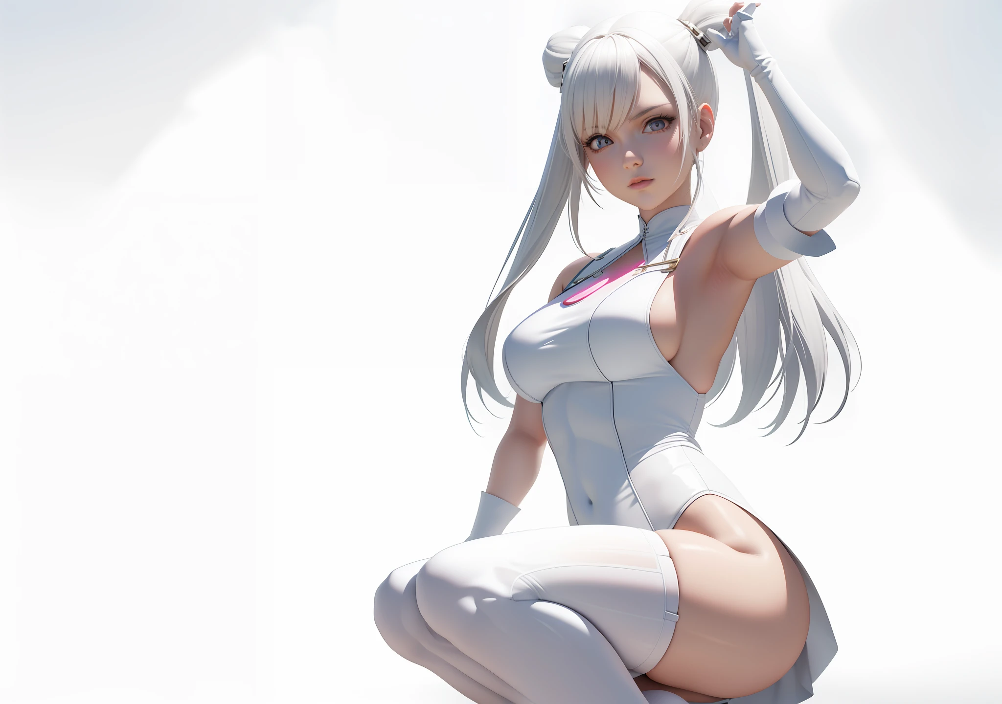 Woman in white poses for photo, photorealistic anime girl render, Anime Barbie in white stockings, King of Fighters character, twintails white_gloves, as a character in tekken, fighter pose, render of a cute 3d anime girl, wearing white leotard, rendered in sfm, render of april, fighting game character