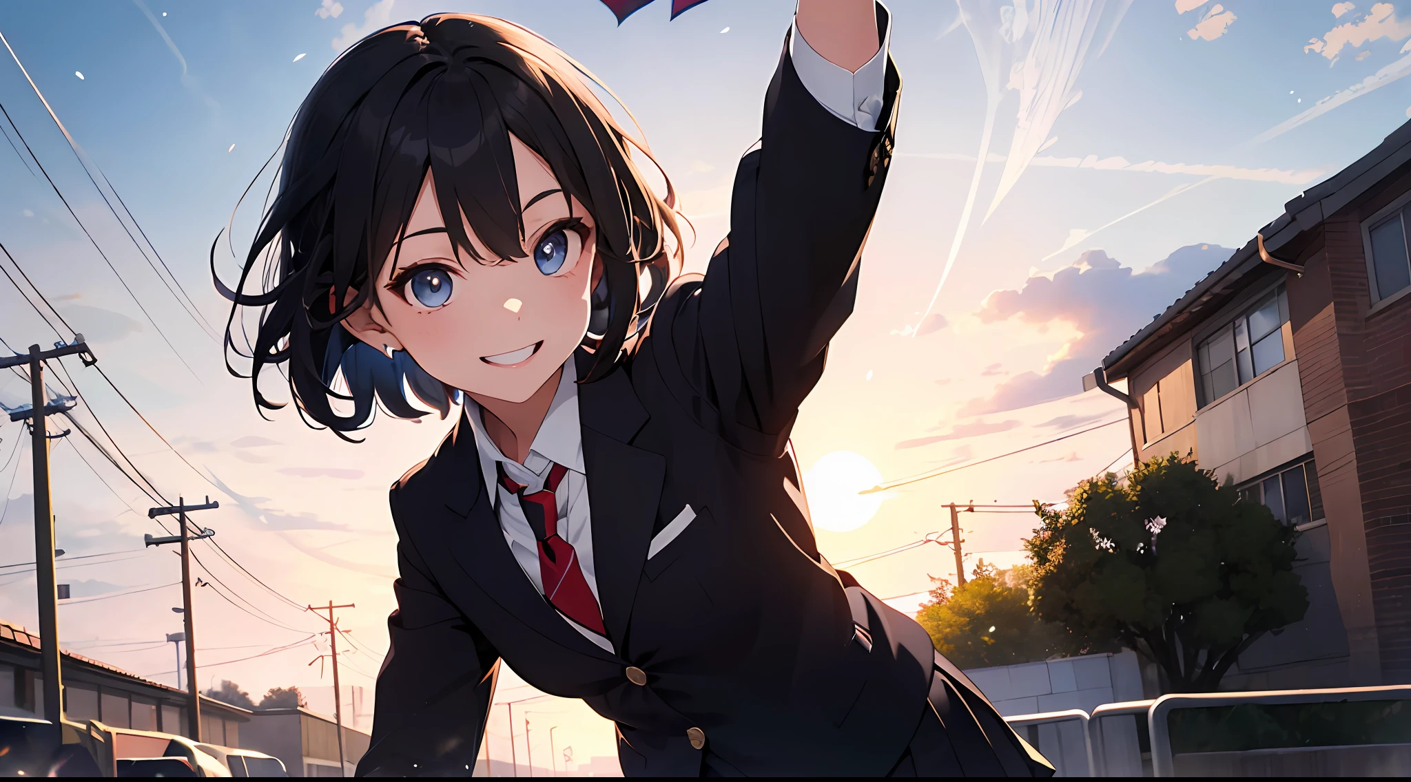 (masterpiece、top-quality)・(Masterpiece, top quality, super detailed CG, beautiful detailed eyes, super detailed, intricate details:1.2), 8k wallpapers, elaborate features,
(1 person, solo:1.4)perfect cartoon illustration,(1 person, solo:1.4)
(realistic textures:0.8), high res, cute, (vivid colors, dynamic lighting:1.0), (high contrast:0.8),
Young boy, high school boy, tall, smiling, waving, short hair, dark eyes, school uniform, black blazer (1.2), black slacks, white shirt (1.1), red tie, sun, dispersion of light, wind blowing