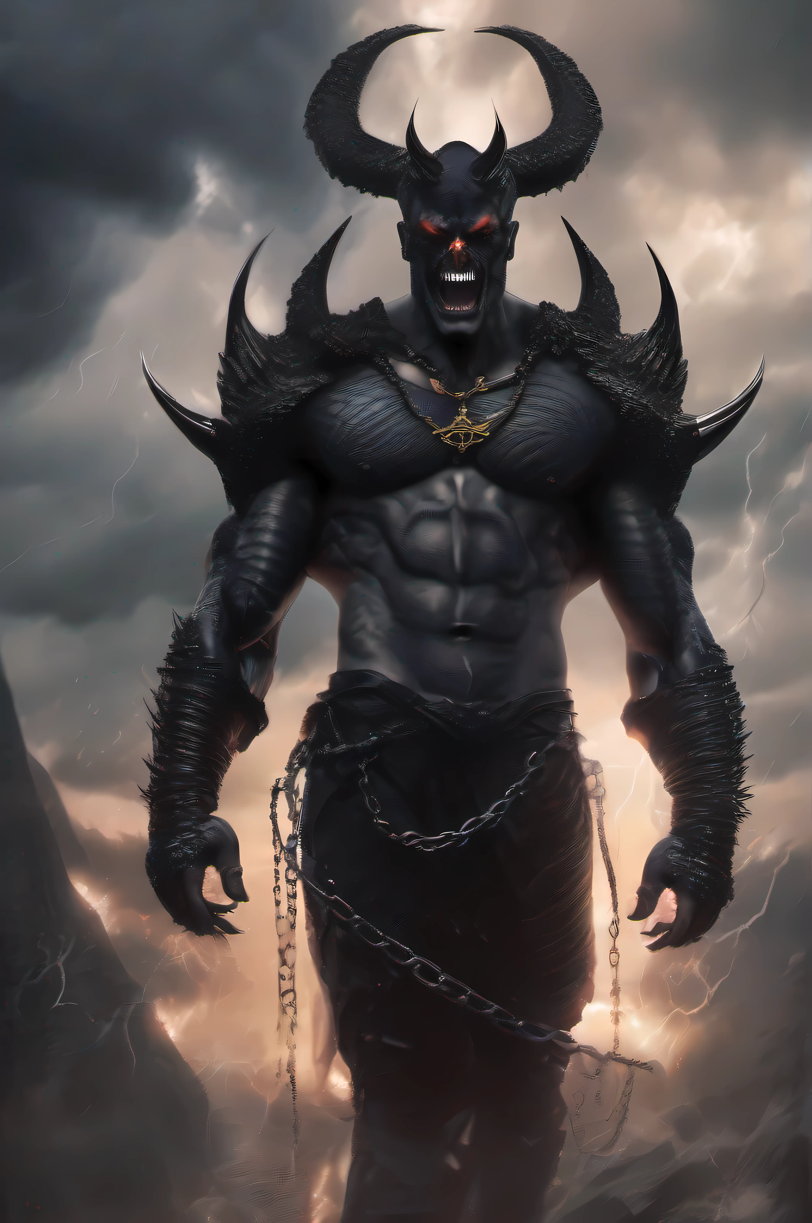 Black snake-like scales Devil monster Flesh Skull Bare upper body Neck wrapped in chains Sky dense dark clouds Lightning and thunder Time and space tearing The atmosphere is terrifying, forehead jewel, demon horns, devil pupils, textured skin, anatomically correct