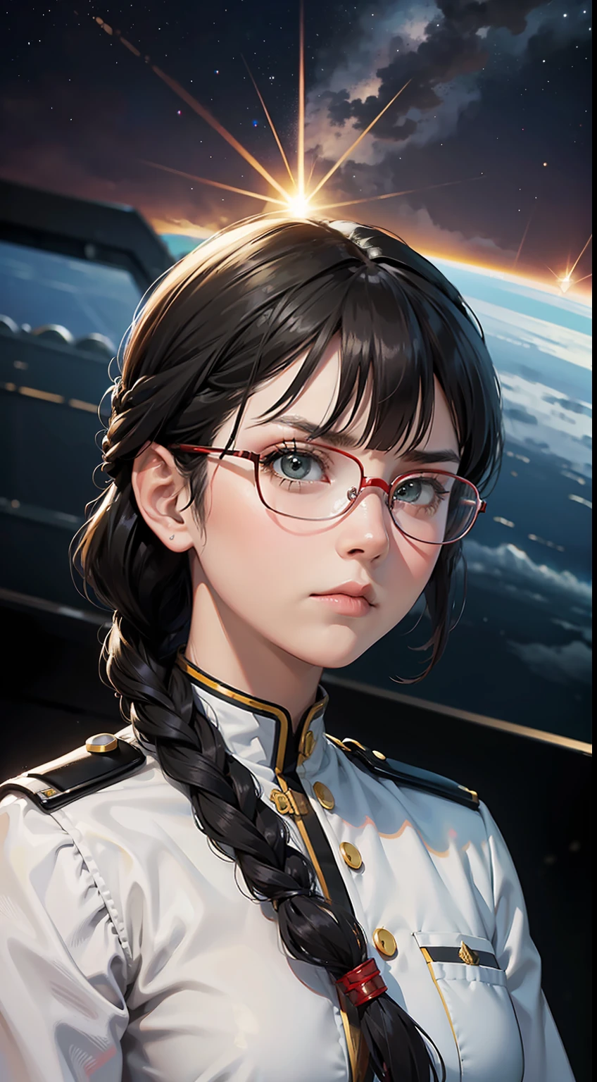 Movie Poster,((Braid Hairstyle : 1.5)),Anime Reference 86 ,Science Fiction,Sci-Fi,Movies,War Action Movies,Space,Atmosphere,Sky,Battleship,Multiple Characters,Women,Adults,Green Eyes,Black Hair,(Pia bangs hairstyle) : 1.8 ),(Red Glasses),General Uniform,White Commander Uniform,Serious Face Frowning,Realistic Face Detail,Realism,3D Face,