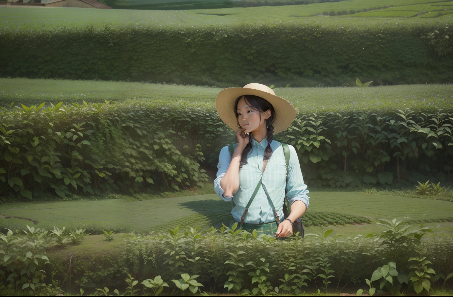 tea plantation,Tea picking,Double braid,Green suspenders,Plaid shirt