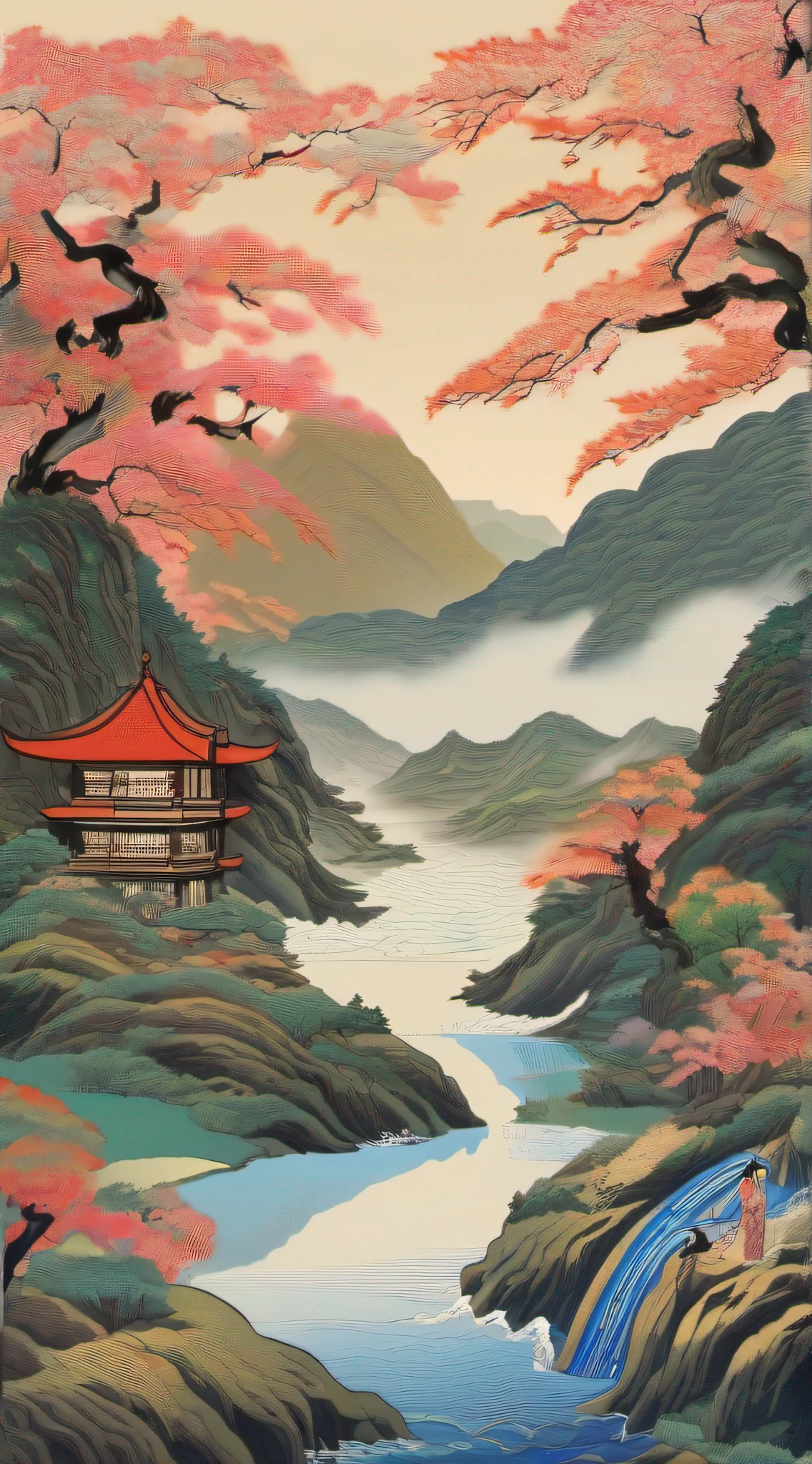 ukiyoe painting，Heaven and earth，Immortals，baiyun，High hills，flowingwater，hyper HD，12K