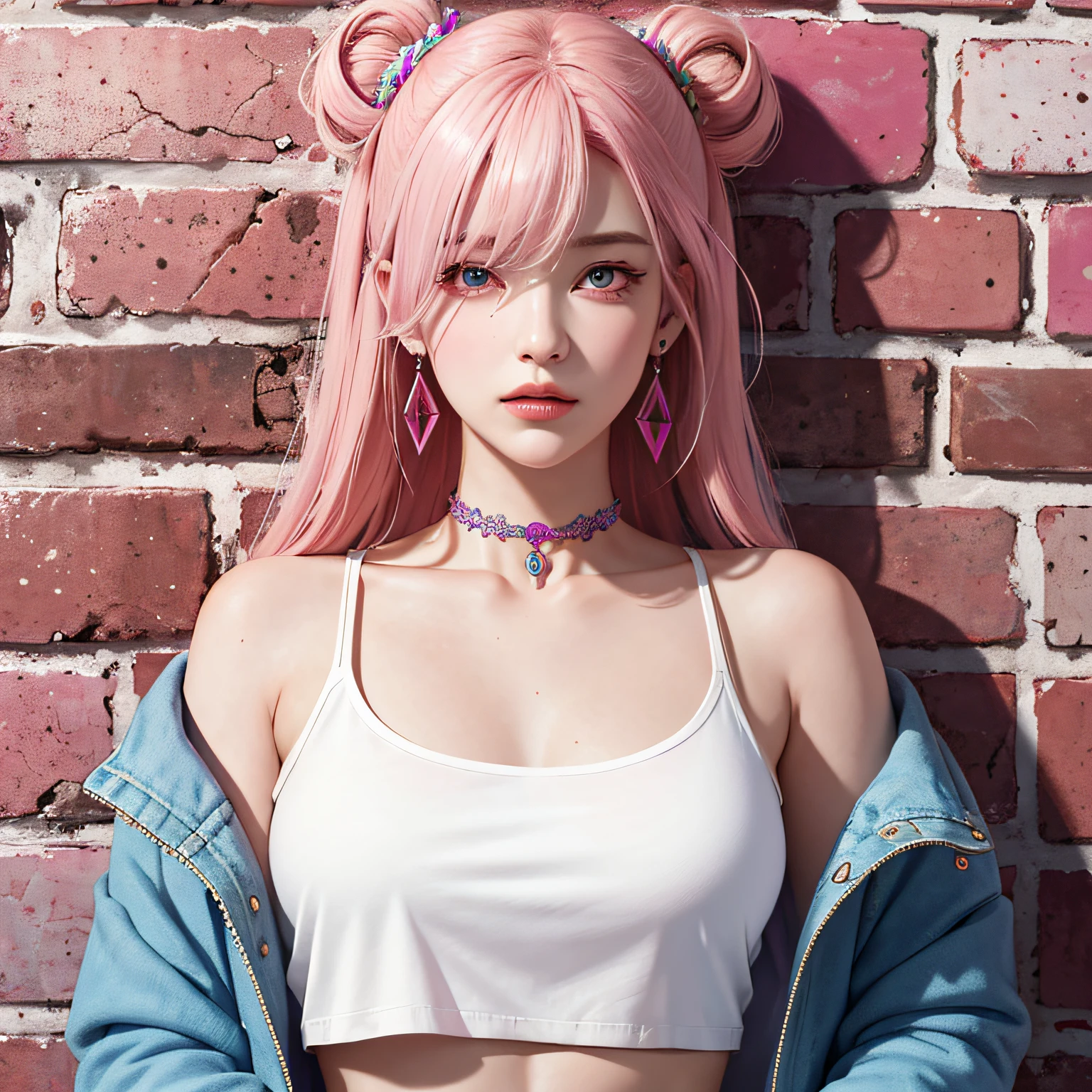 (masterpiece, best quality, 1girl, solo, intricate details, chromatic aberration), realistic, ((medium breath)),long hair, pink hair, red head ornament, pink highlights, hair over one eye,purple eyes, earrings, sharp eyes, choker, neon shirt, open jacket, crop top, (symmetry eyes),(perfect symmetrical body),against wall, brick wall, graffiti, dim lighting, alley ,look at viewer