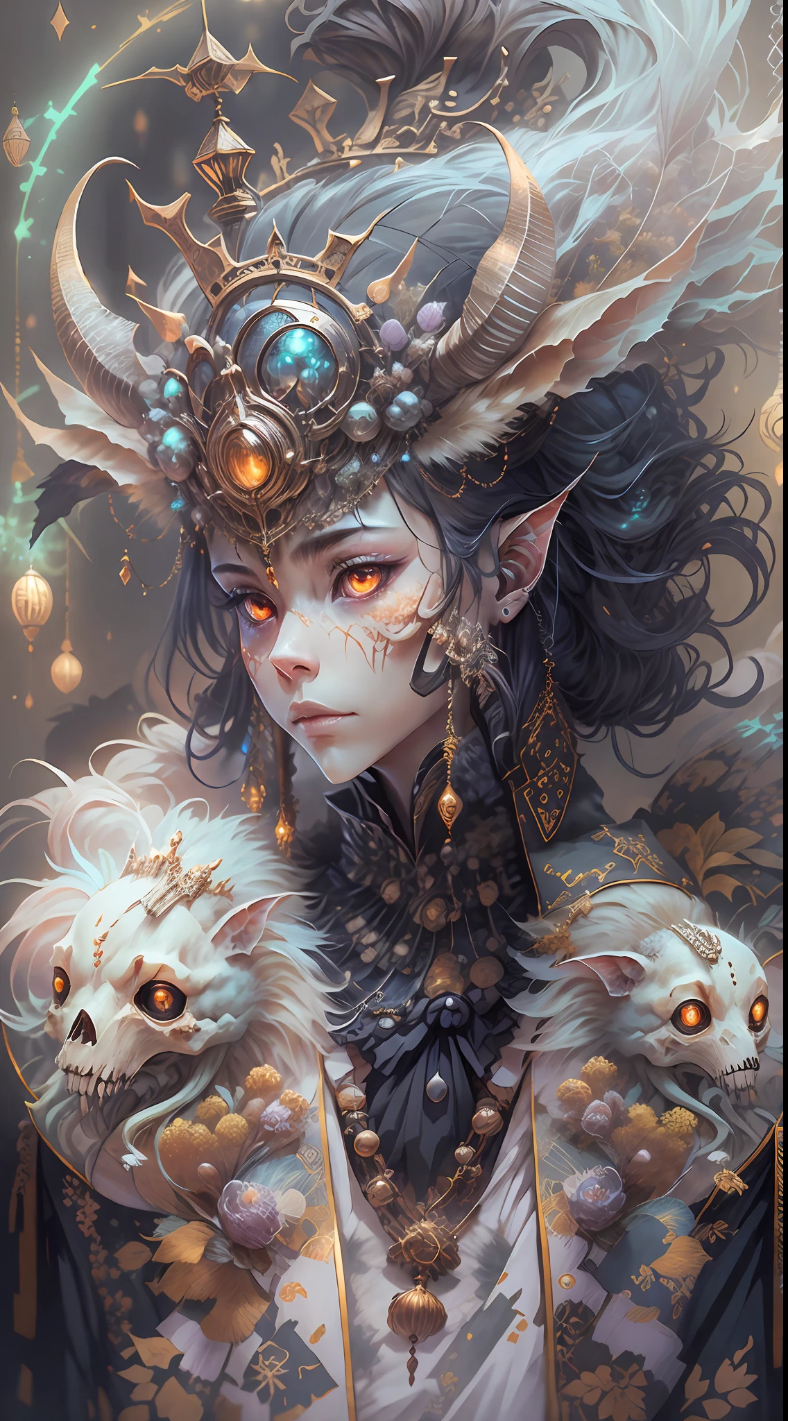 3D closeup of young handsome aristocrat - profile portrait with crown，Ram skull。Beautiful and complex Japanese crow, Fox mask and breadcrumbs Japanese kimono。a betta fish， jellyfish pheonix， Bio-luminescence， Plasma， icey， Eau， ventania， organism， Wu Ya and WLOP and works by Bippel and Greg Rutkovsky, creature00d, (Amber theme:0.7), mtu, mathematician,