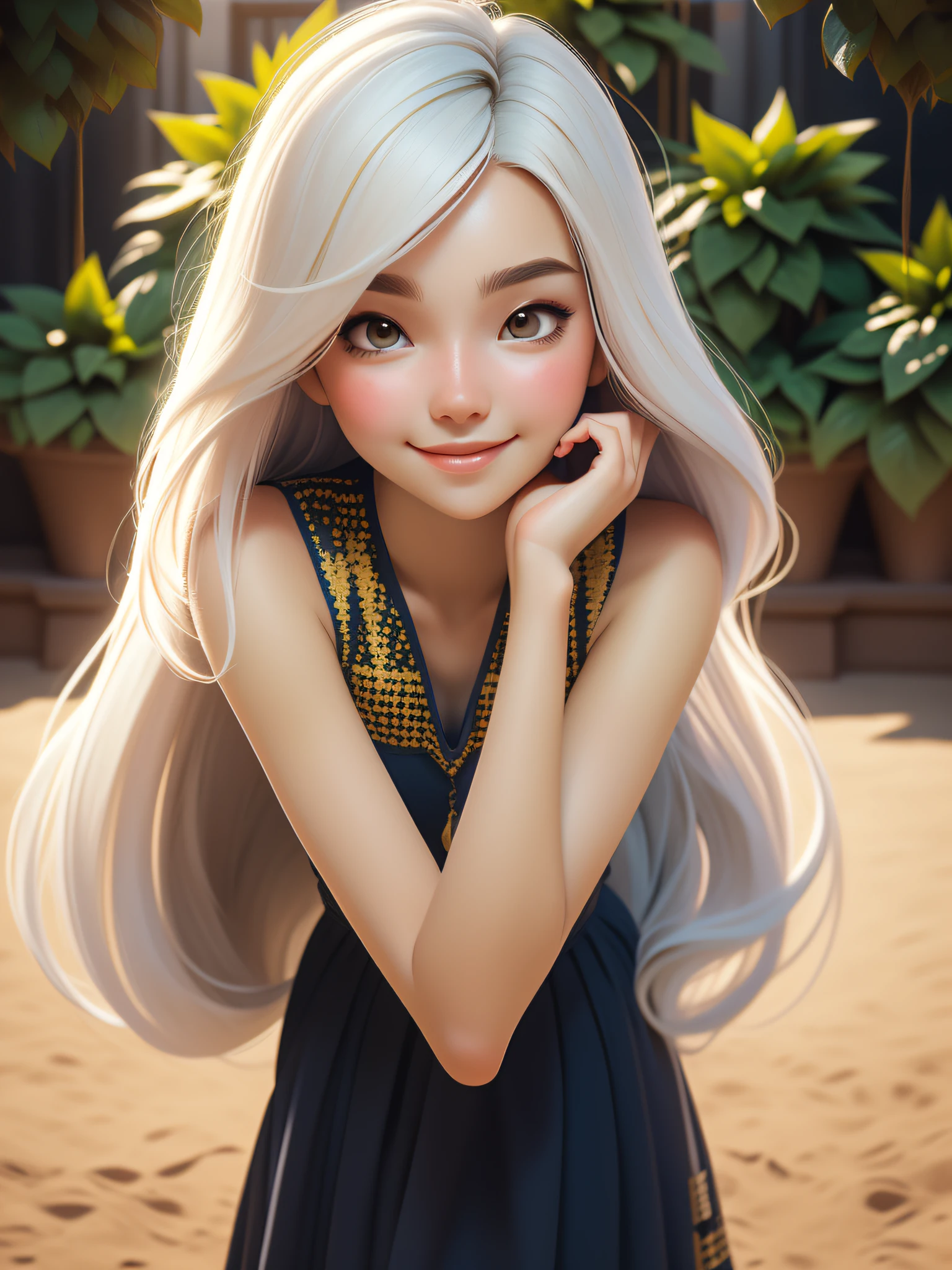 dynamic lighting, (((Hanging Gardens of Babylon))), (cute:1.3), gradient hair, (pale skin:1.1), (soft smiling:1.1), detailed face, detailed skin texture, sun ray, by ilya kuvshinov, nina masic, natural lighting, subsurface scattering, ornate, cowboy shot, atmospheric perspective, retina, textured skin, anatomically correct, best quality, award winning