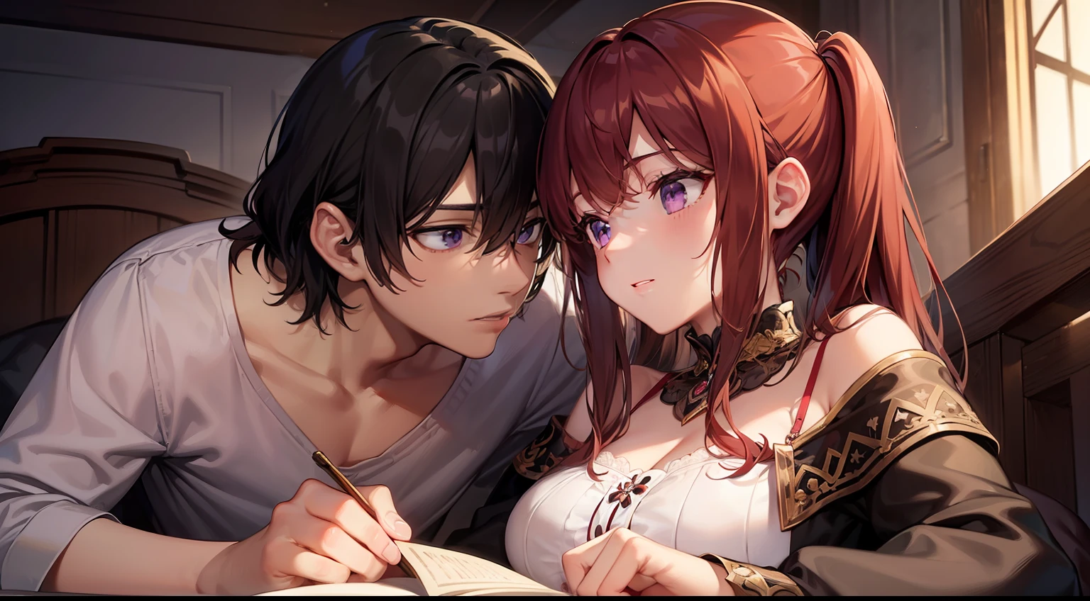 styles, masterpiece, top-quality, Special details, illustratio, Romance, a couple,reddish, tenderness, inner strength,a bed,natta, At night,Love atmosphere white and red tones, Blissful, Girl brown hair, Purple eyes, poneyTail, a couple, date, Profile of a man with black hair,Purple eyes,