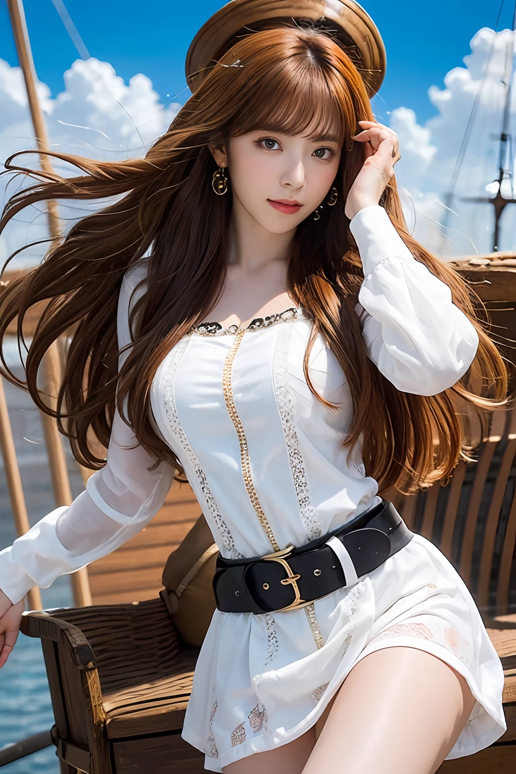 (((masutepiece+Best Quality+High resolution+Ultra-detailed))), 1girl with clima-tact, Nami, long silky orange hair, High Nose, Sharp eyes, noble and inviolable temperament, (([Female]: 1.2 + [Beauty]: 1.2 + Orange long hair: 1.2)), pirate ship background, Blue sky, Clouds, Bracelets, white long sleeve mini dress and donned another belt, Bright eyes, dynamic angle and posture.