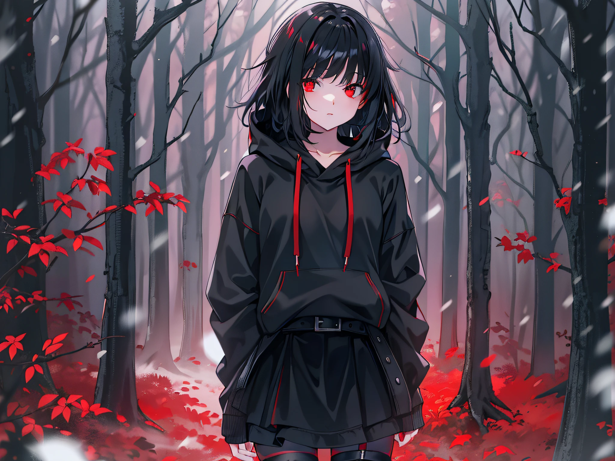 red color eyes, Black color hair, Black platform boots, short detailed hair, black thigh socks, hair on one eye, black hoodie, Black thigh strap, black sash,nigth,black short skirt,ln the forest,at winter season