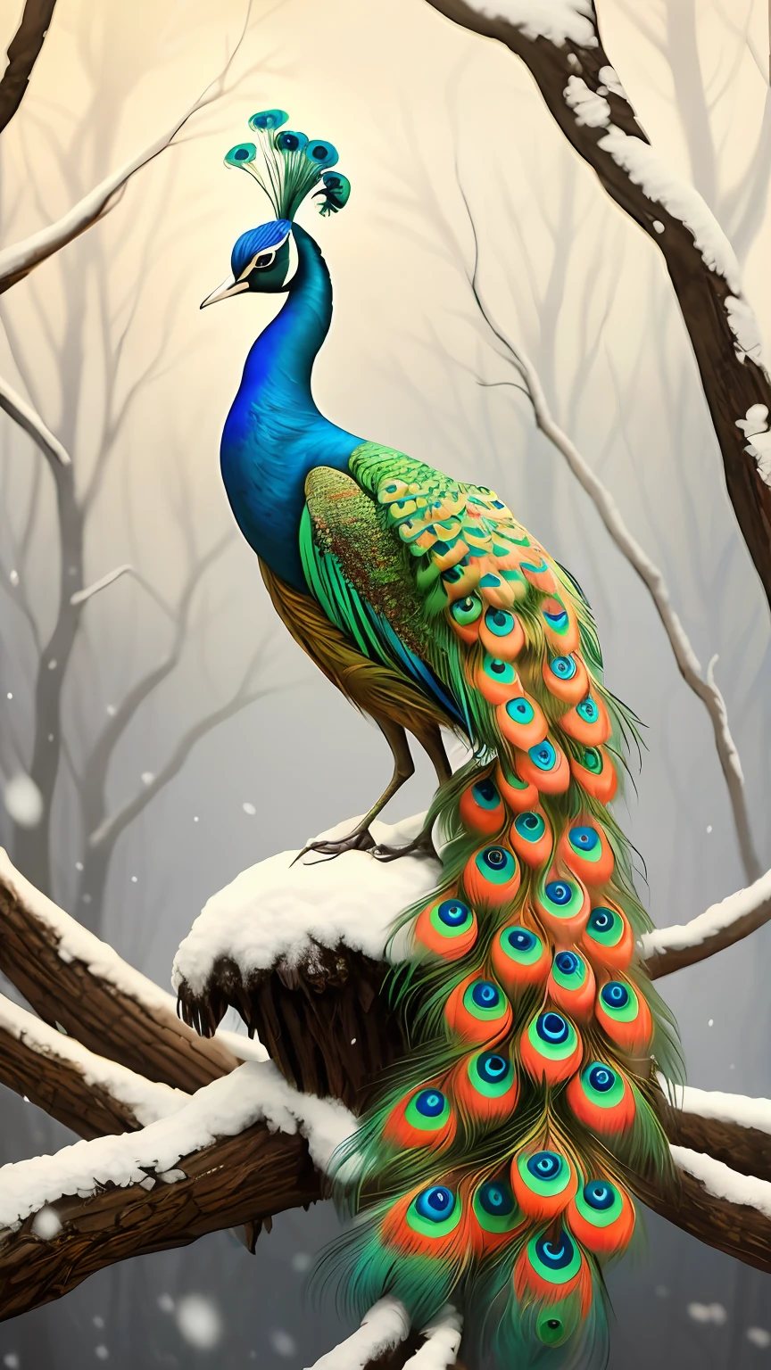 Draw a peacock sitting on a branch in a snowy forest, Beautiful art UHD 4 K, Detailed painting 4 K, beautiful painting of a tall, elegant digital painting, Beautiful digital artwork, peacock, Peacock in the desert, detailed realistic colors, beautiful digital painting, 4 k highly detailed art, highly detailed digital artwork, beautiful digital art