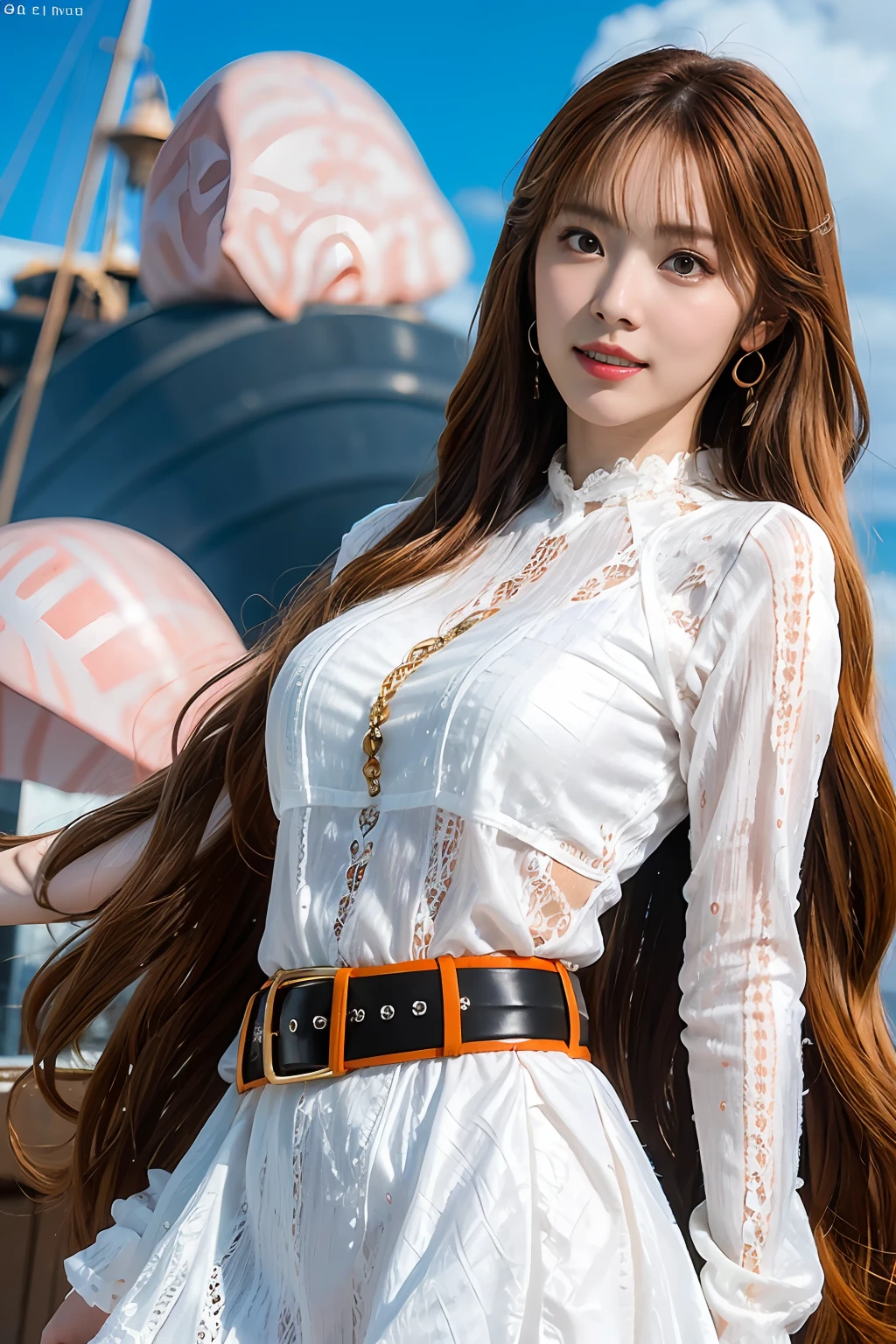 (((masutepiece+Best Quality+High resolution+Ultra-detailed))), 1girl with clima-tact, Nami, long silky orange hair, High Nose, Sharp eyes, noble and inviolable temperament, (([Female]: 1.2 + [Beauty]: 1.2 + Orange long hair: 1.2)), pirate ship background, Blue sky, Clouds, Bracelets, white long sleeve mini dress and donned another belt, Bright eyes, dynamic angle and posture.