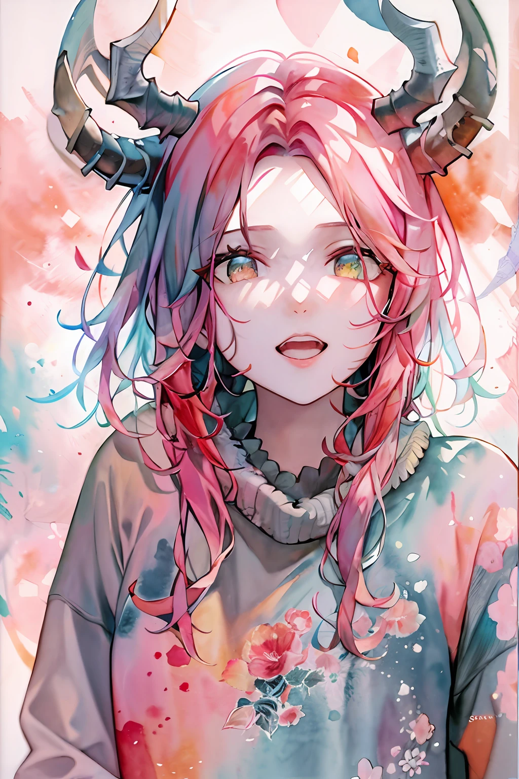 (highres, best quality:1.2), radiance, soft contours, beautiful drawing, upper body, concept art, detailed background, bright colors,
(8k, best quality, masterpiece:1.2),(best quality:1.0), (ultra highres:1.0), watercolor, 1girl,   demon woman wearing a christmas sweater,   by agnes cecile, half body portrait, extremely luminous bright design, pastel colors, (ink:1.3), winter lights, traditional media, watercolor \(medium\), watercolor background